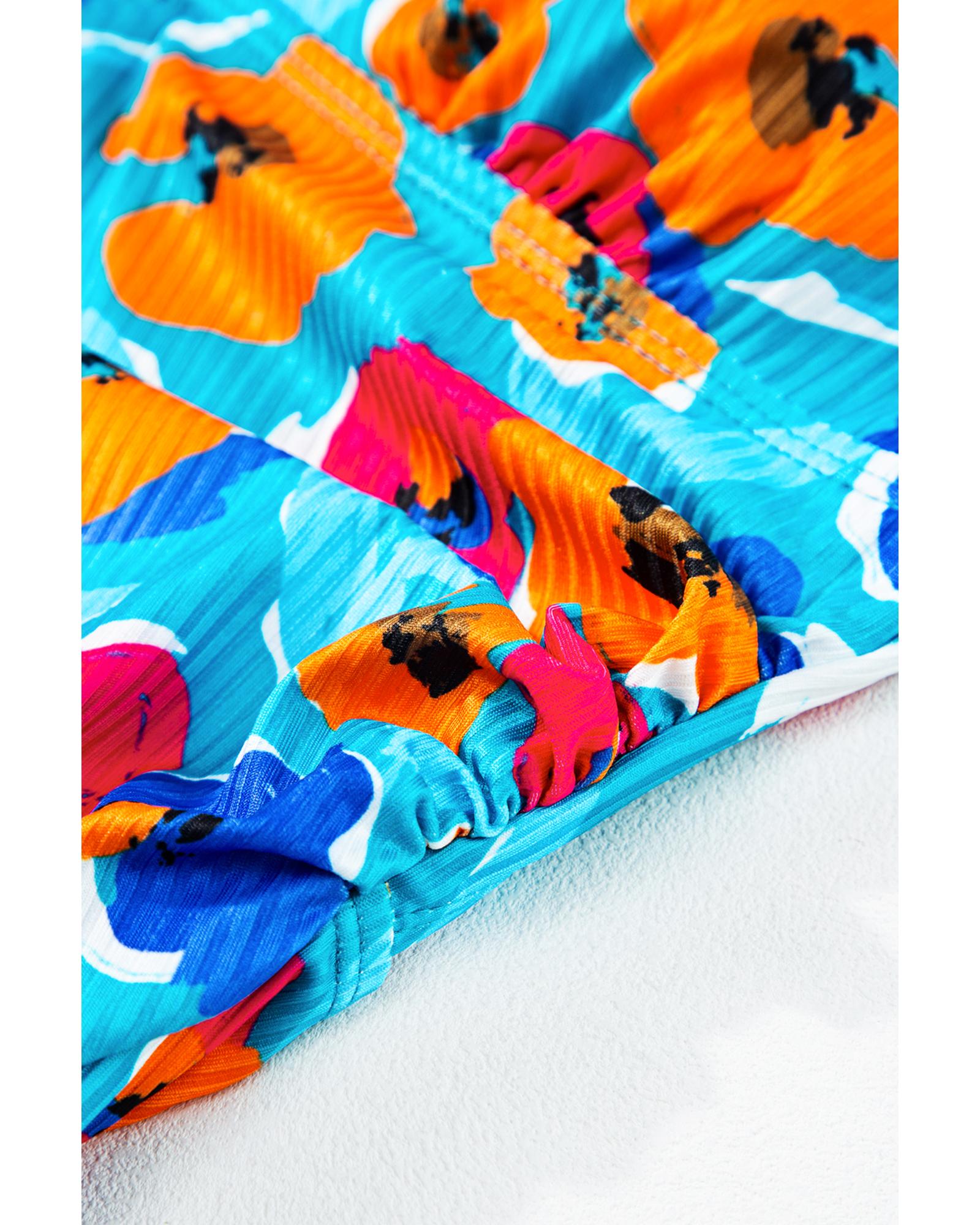 Sky Blue Orange Adjustable Straps Ribbed Knit One Piece Swimsuit - M