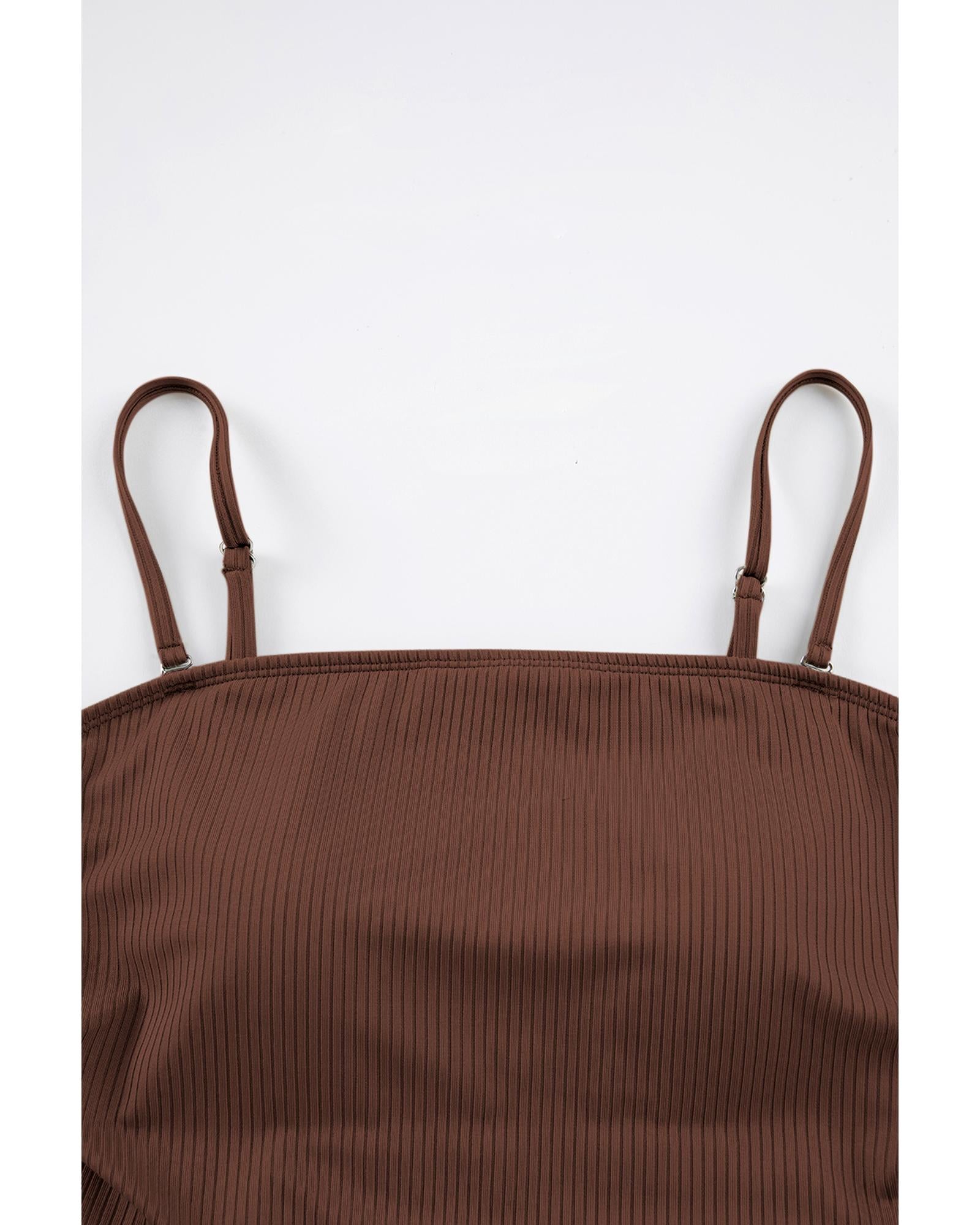 Coffee Ribbed Drawstring Sides Cutout One Piece Swimsuit - S