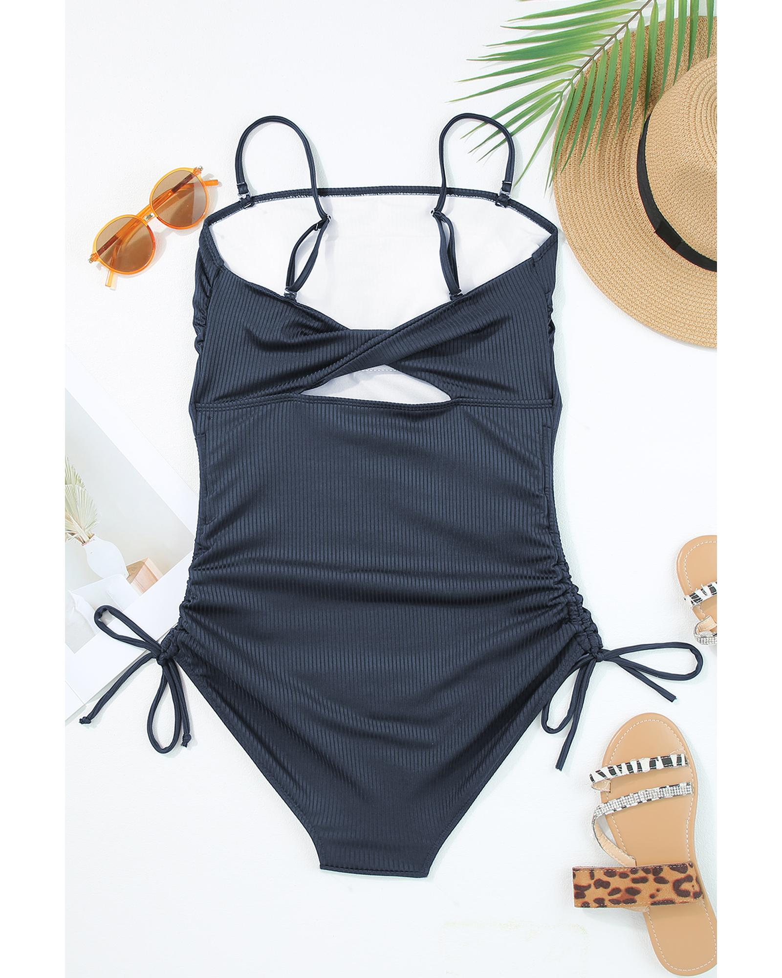 Navy Blue Ribbed Drawstring Sides Cutout One Piece Swimsuit - XL