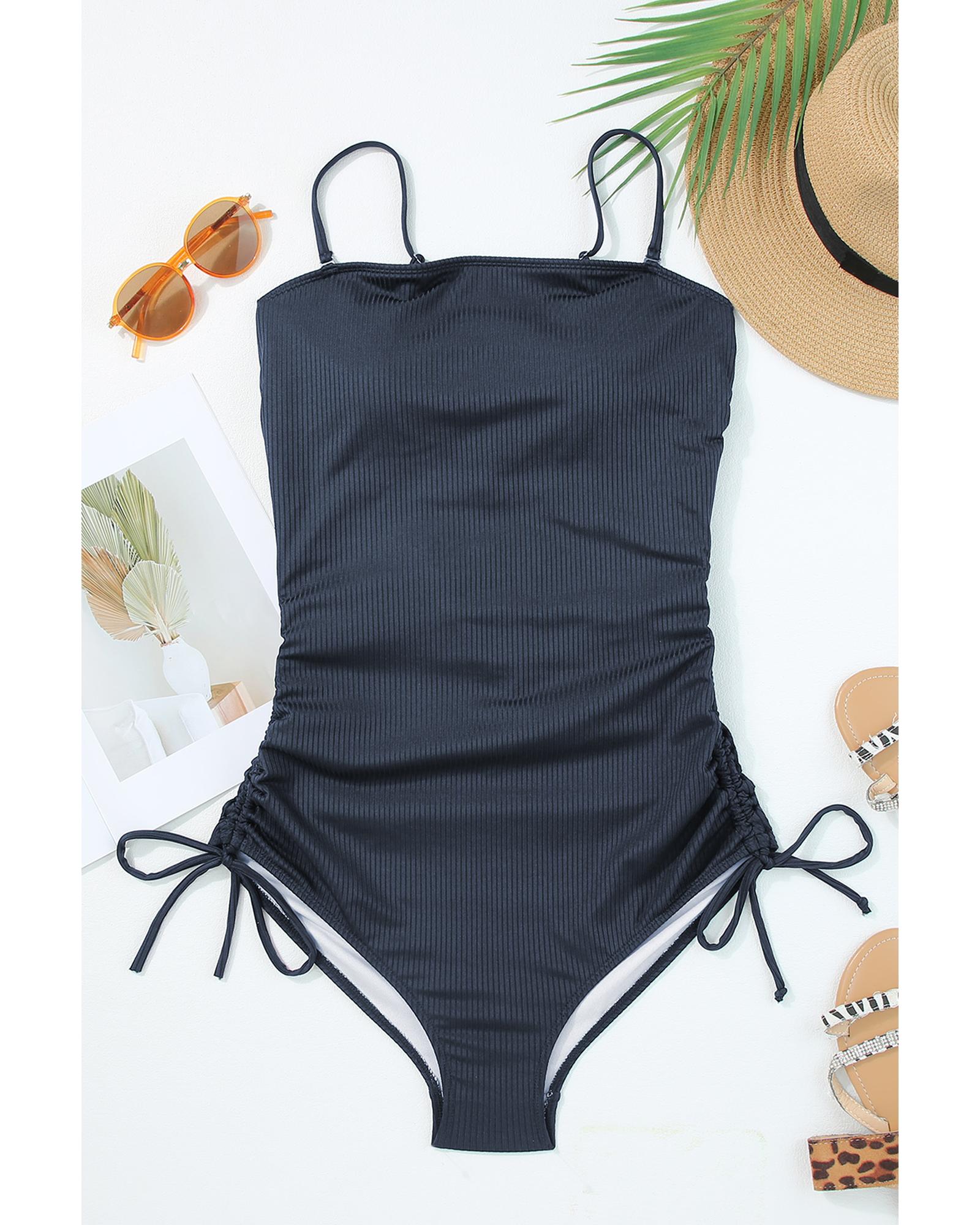 Navy Blue Ribbed Drawstring Sides Cutout One Piece Swimsuit - XL