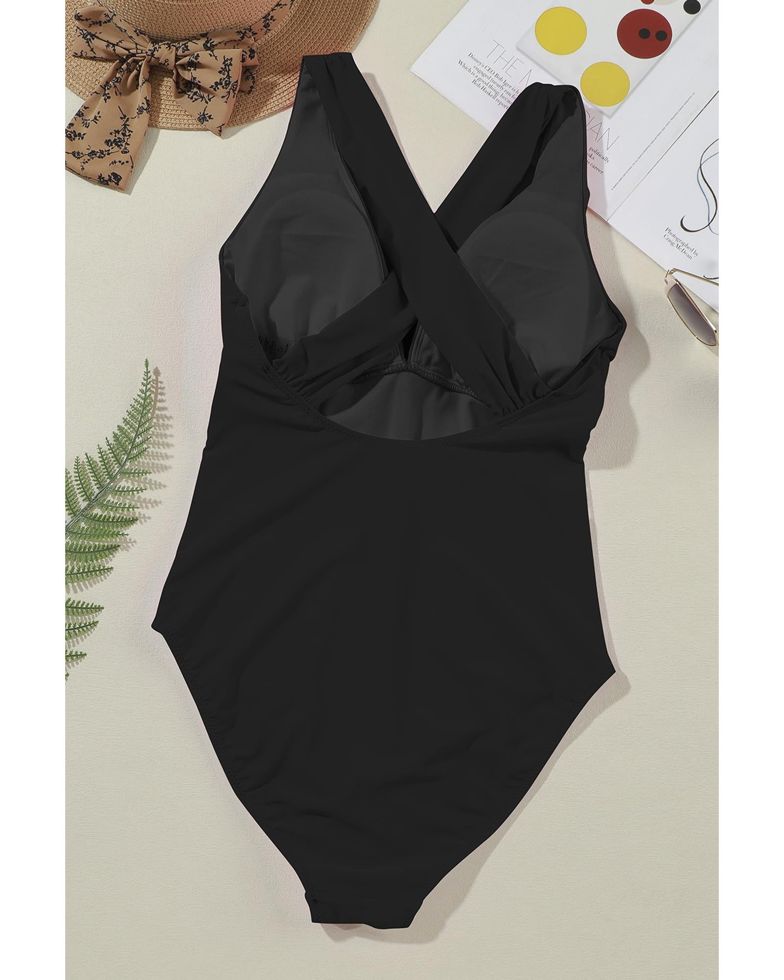 Black Deep V Neck Crossover Backless Ruched High Cut Monokini - M