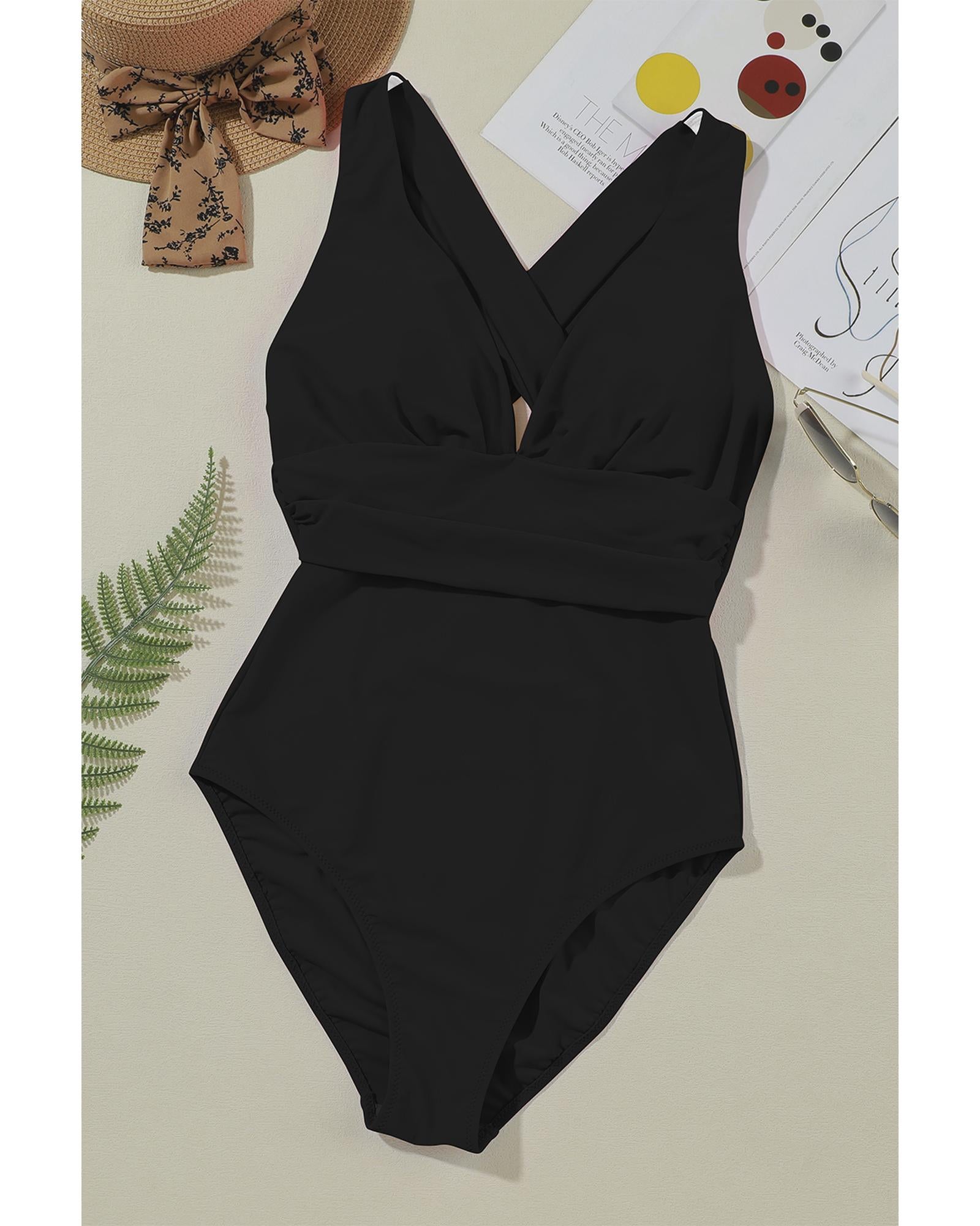 Black Deep V Neck Crossover Backless Ruched High Cut Monokini - S