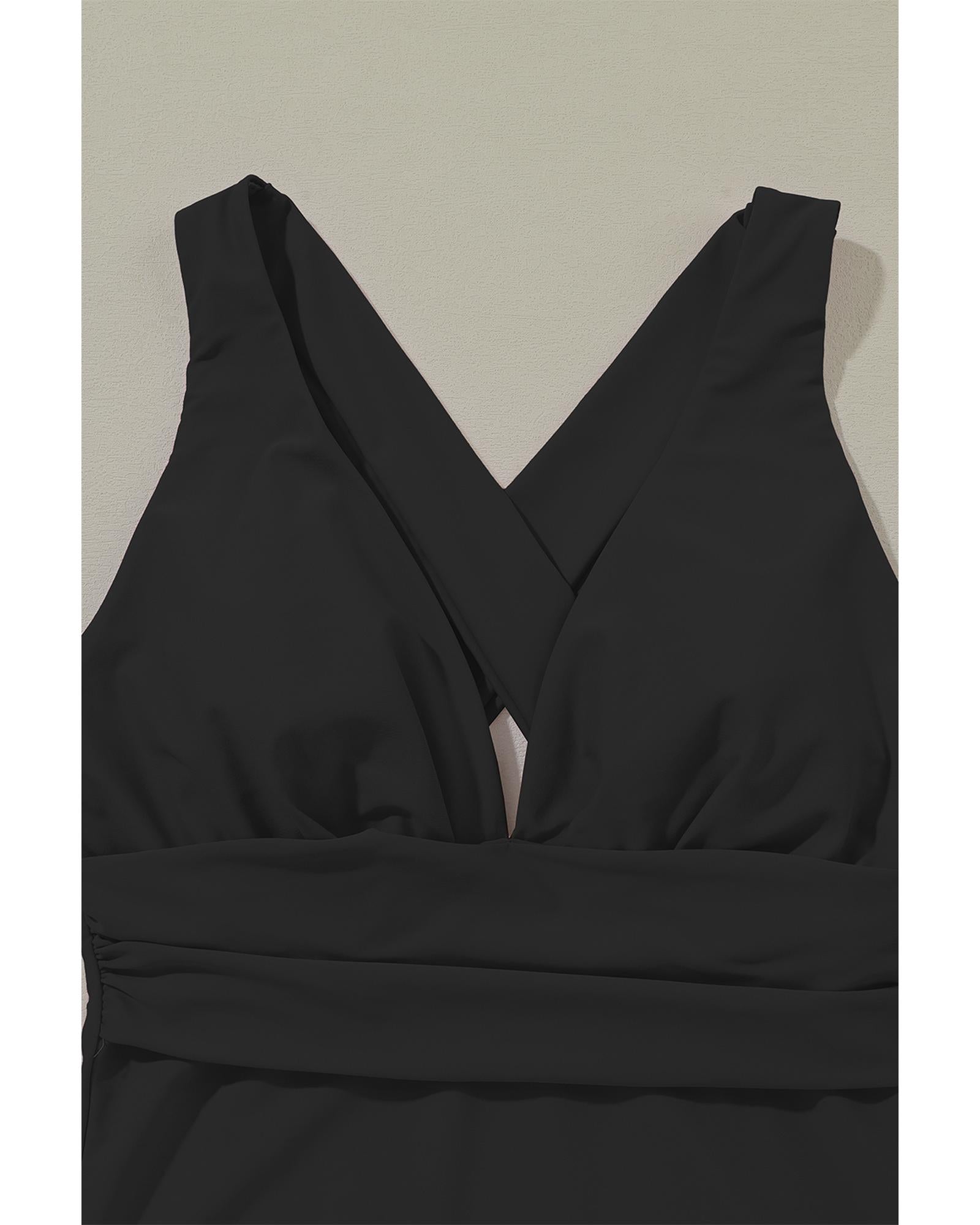 Black Deep V Neck Crossover Backless Ruched High Cut Monokini - S