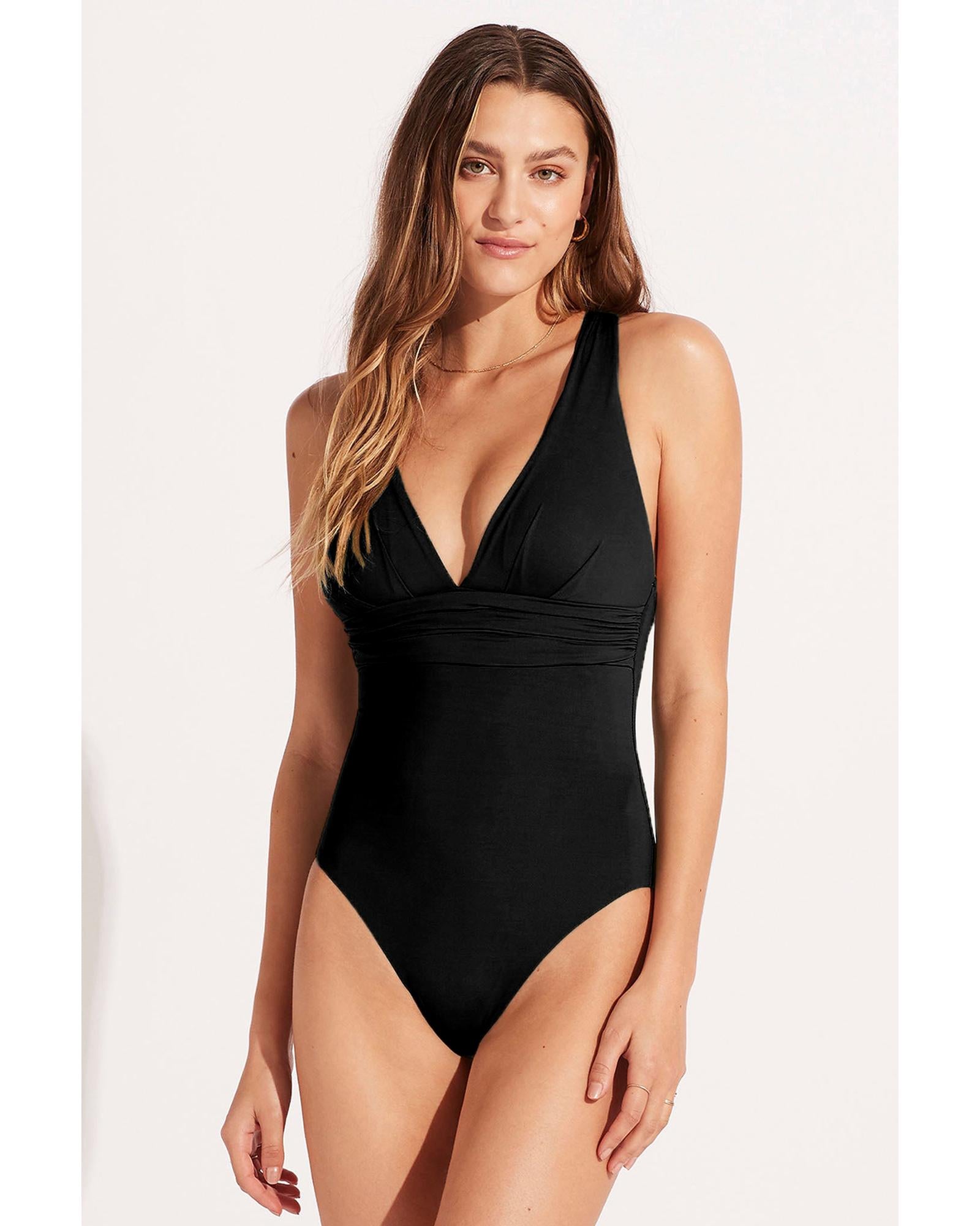 Black Deep V Neck Crossover Backless Ruched High Cut Monokini - XL