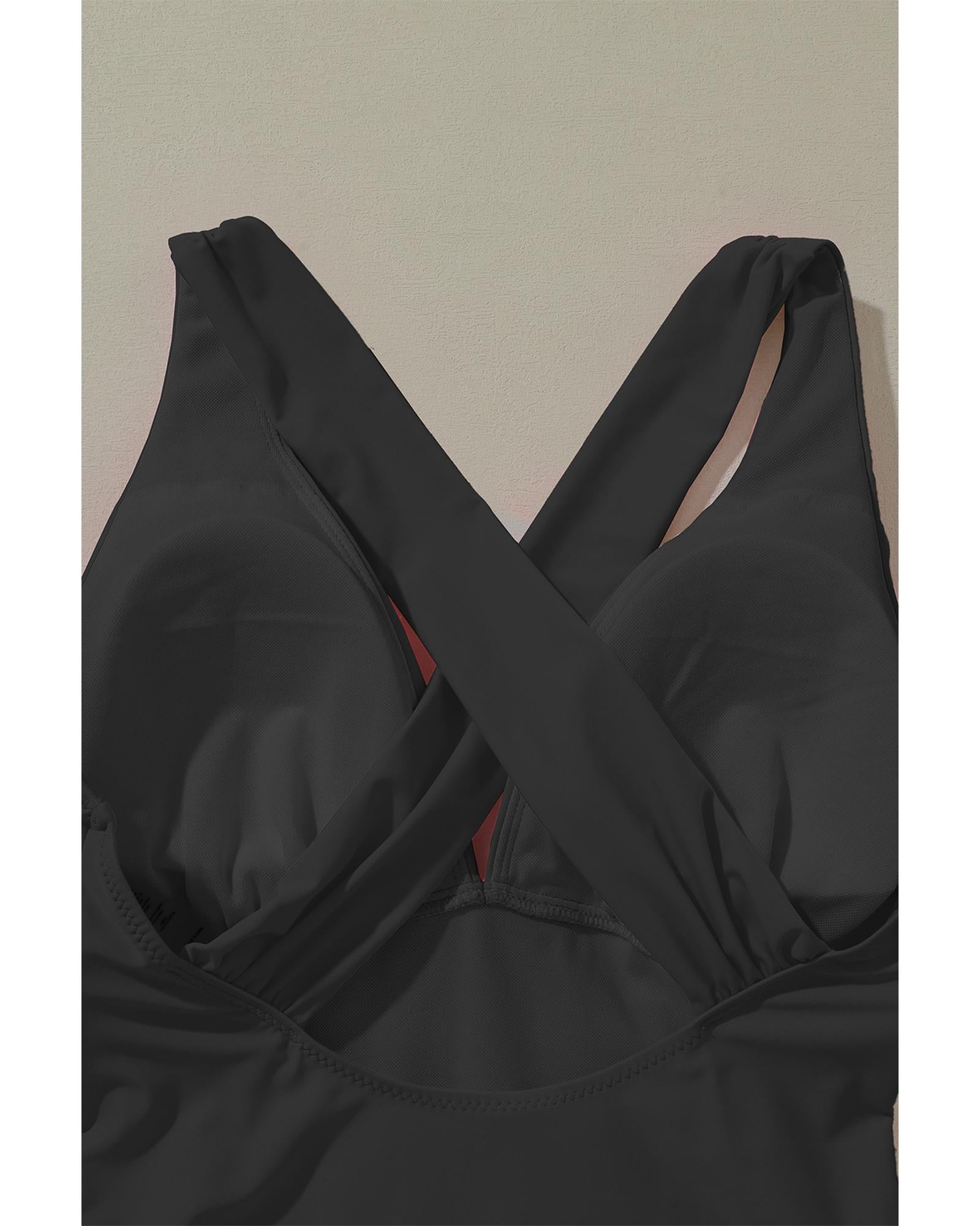 Black Deep V Neck Crossover Backless Ruched High Cut Monokini - XL