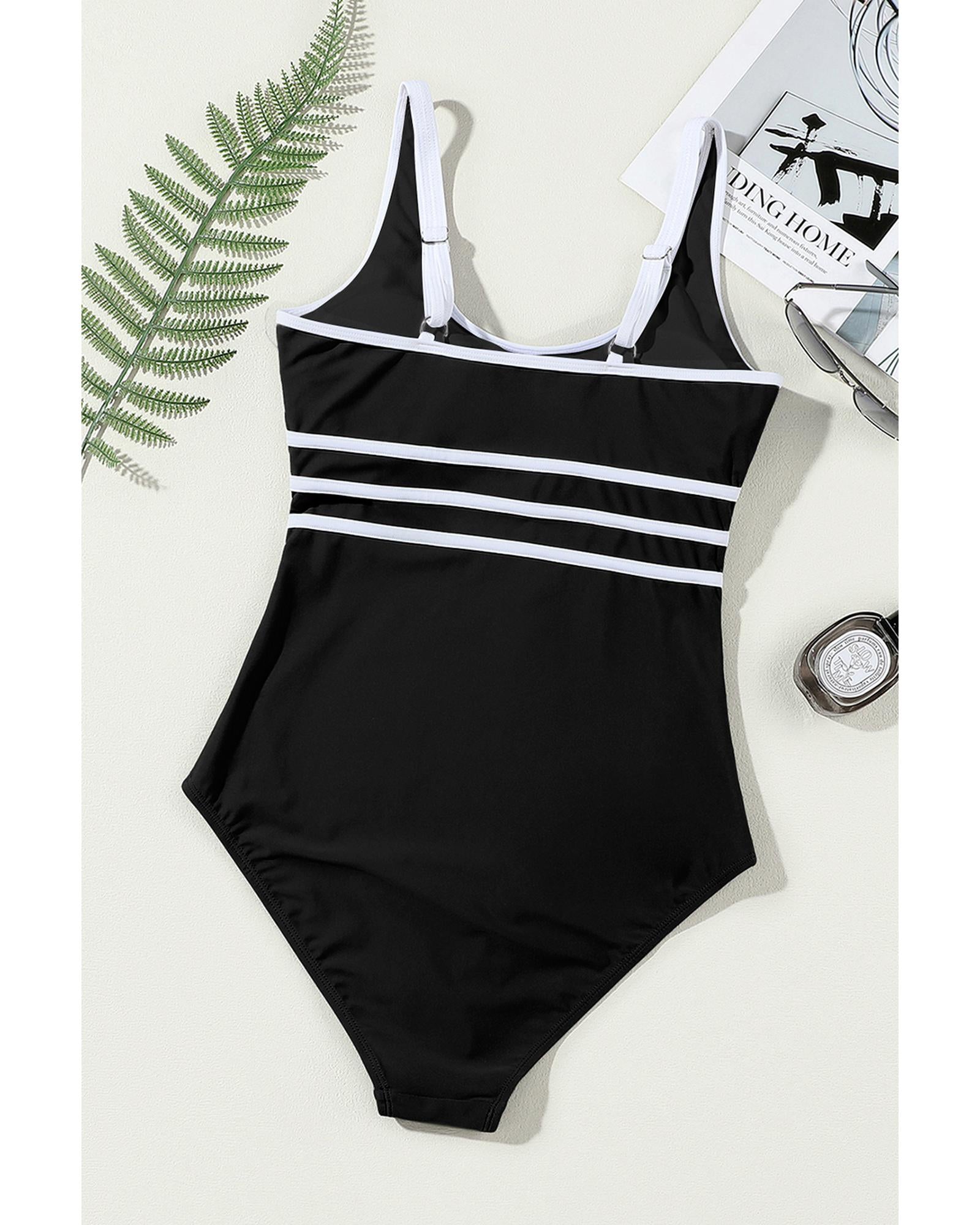 Black Contrast Trim Colorblock U Neck One Piece Swimwear - 2XL