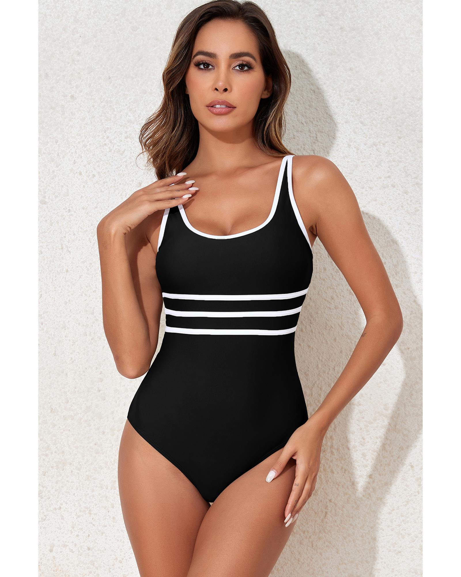 Black Contrast Trim Colorblock U Neck One Piece Swimwear - 2XL