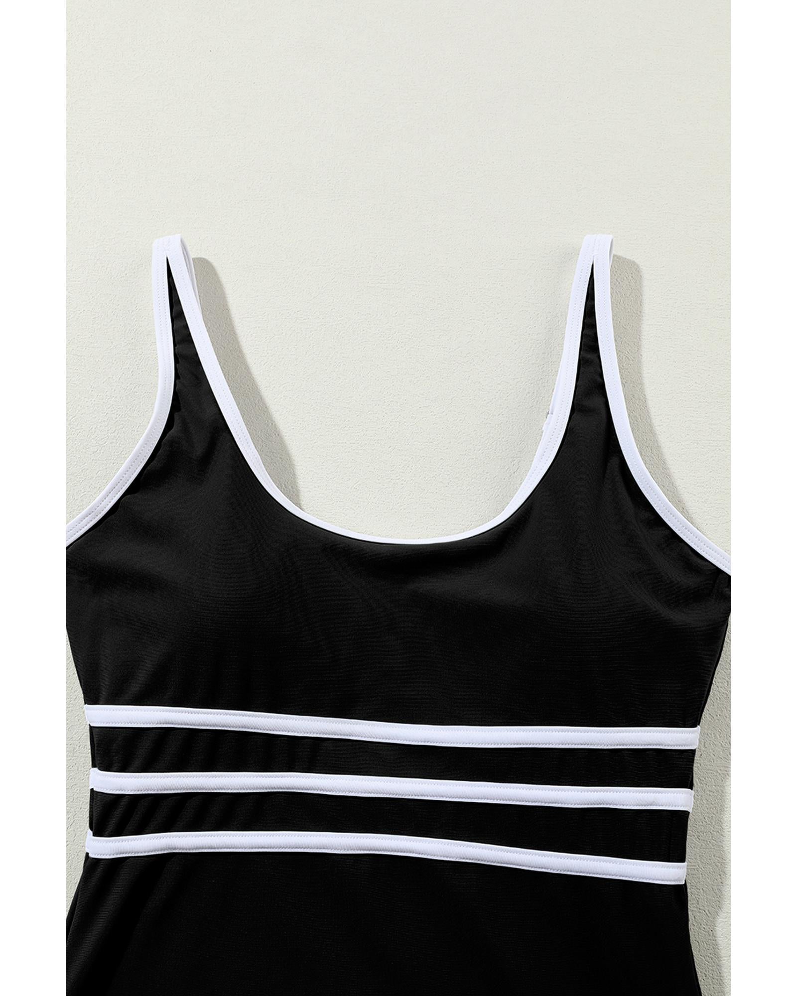 Black Contrast Trim Colorblock U Neck One Piece Swimwear - 2XL