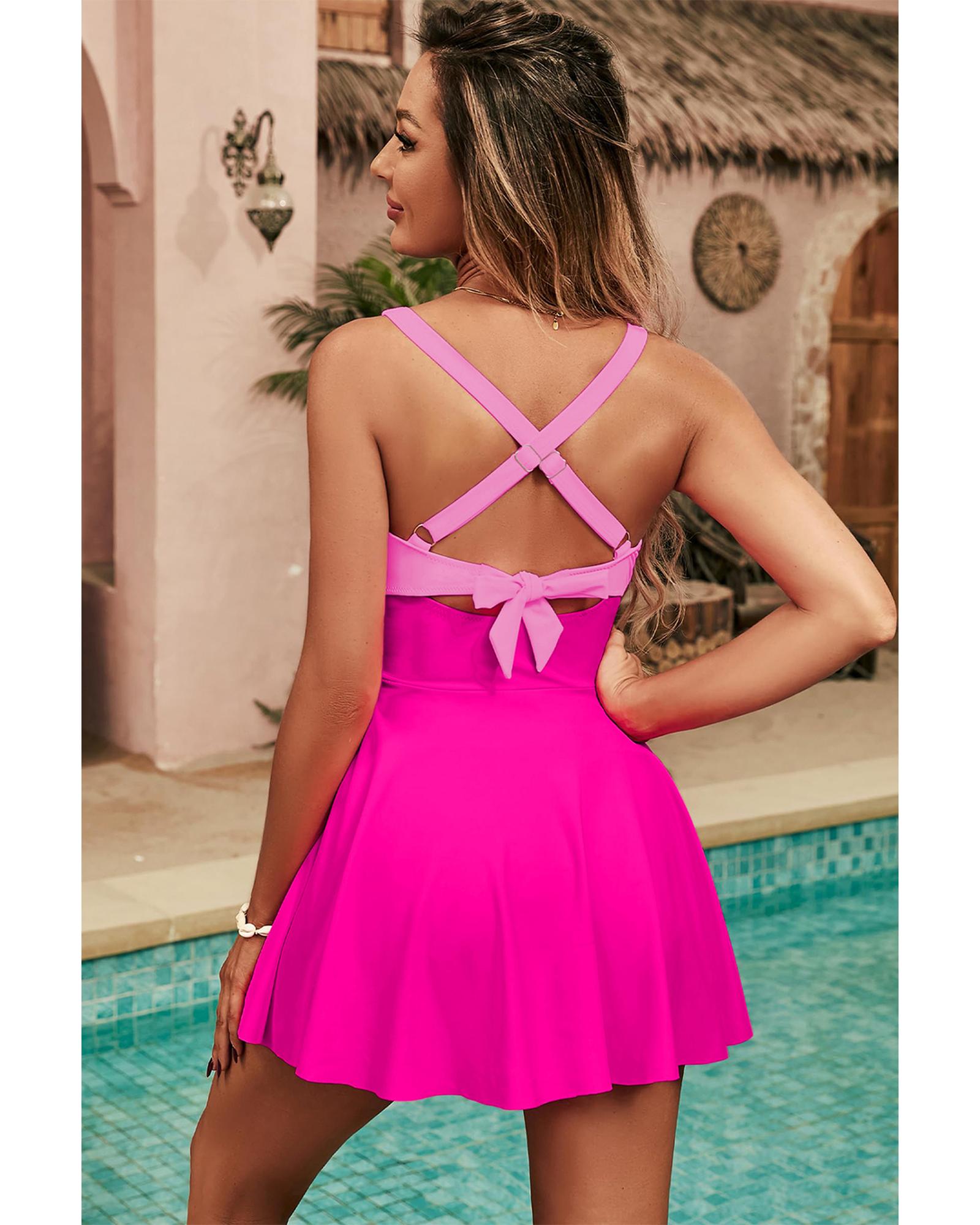 Rose Red Crisscross Straps Tie Back Flared One Piece Swimsuit - M