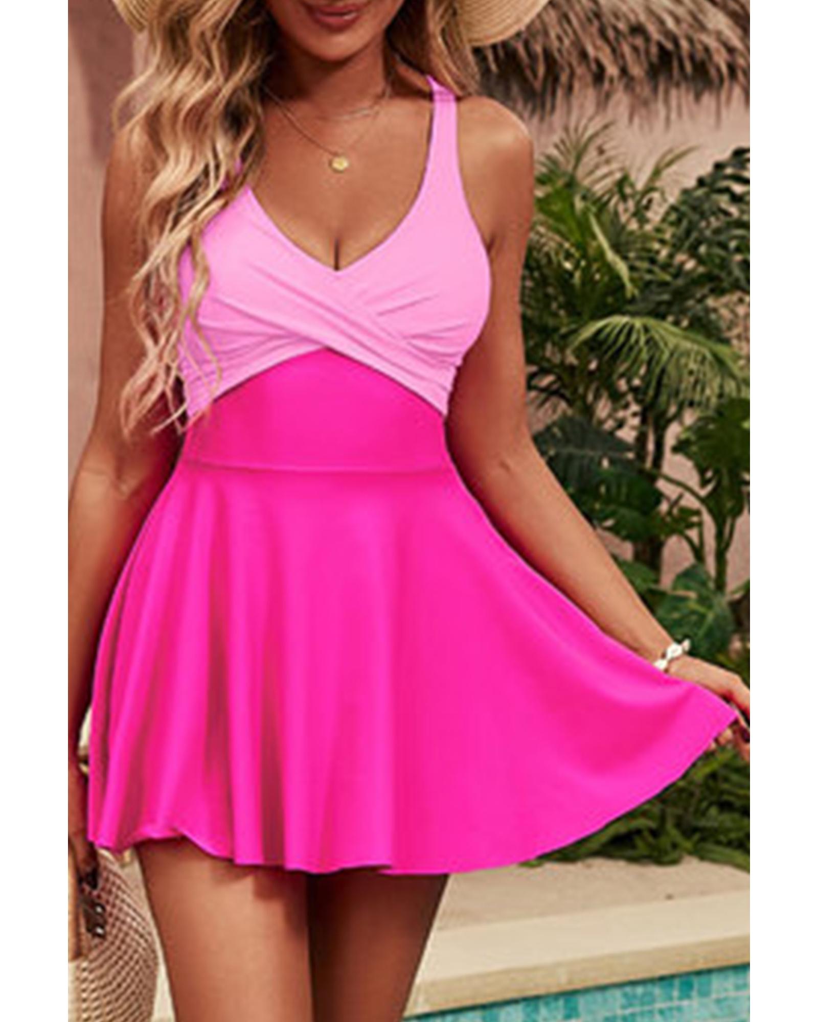 Rose Red Crisscross Straps Tie Back Flared One Piece Swimsuit - M