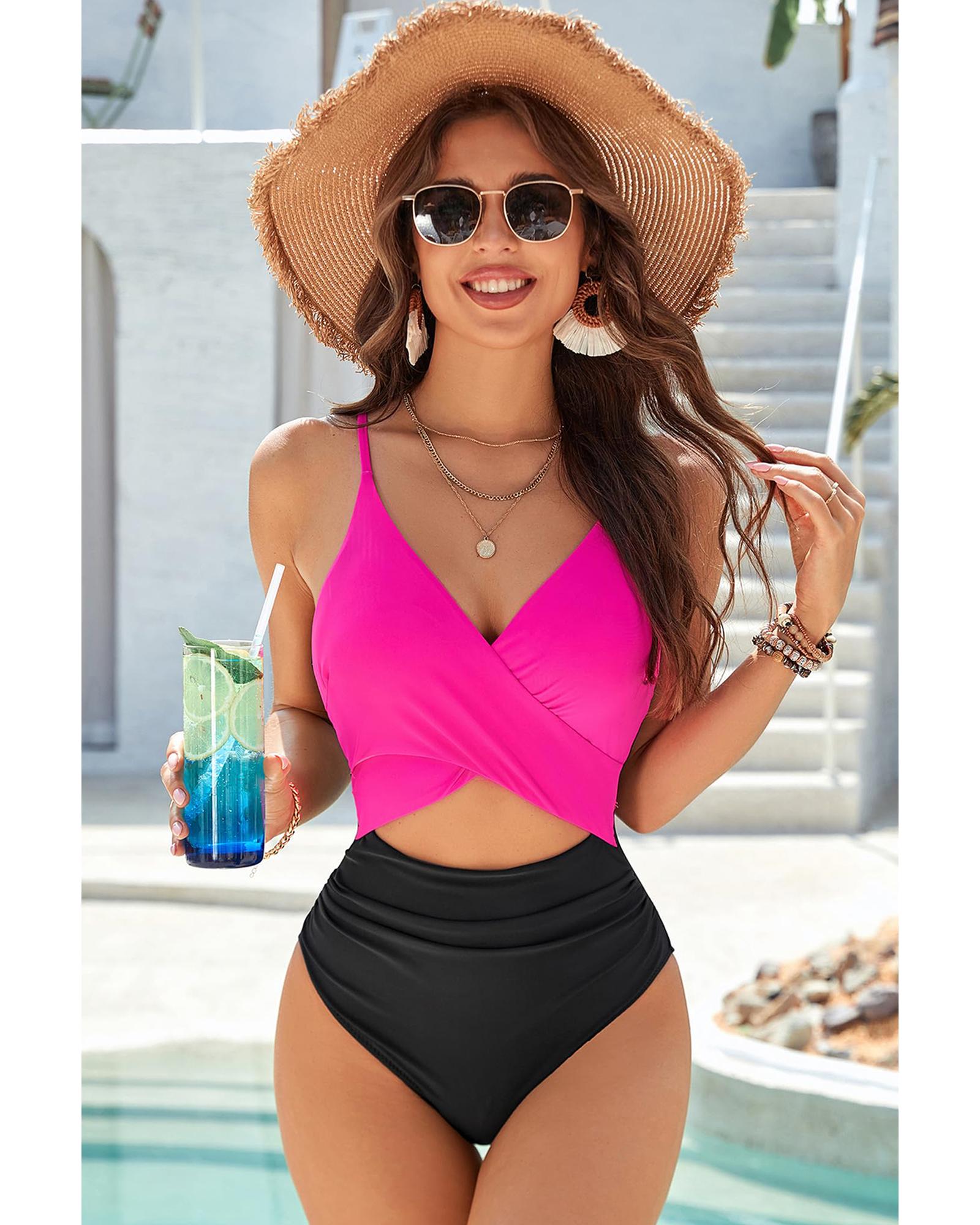 Rose Red Crossover Colorblock Cutout One Piece Swimsuit - 2XL