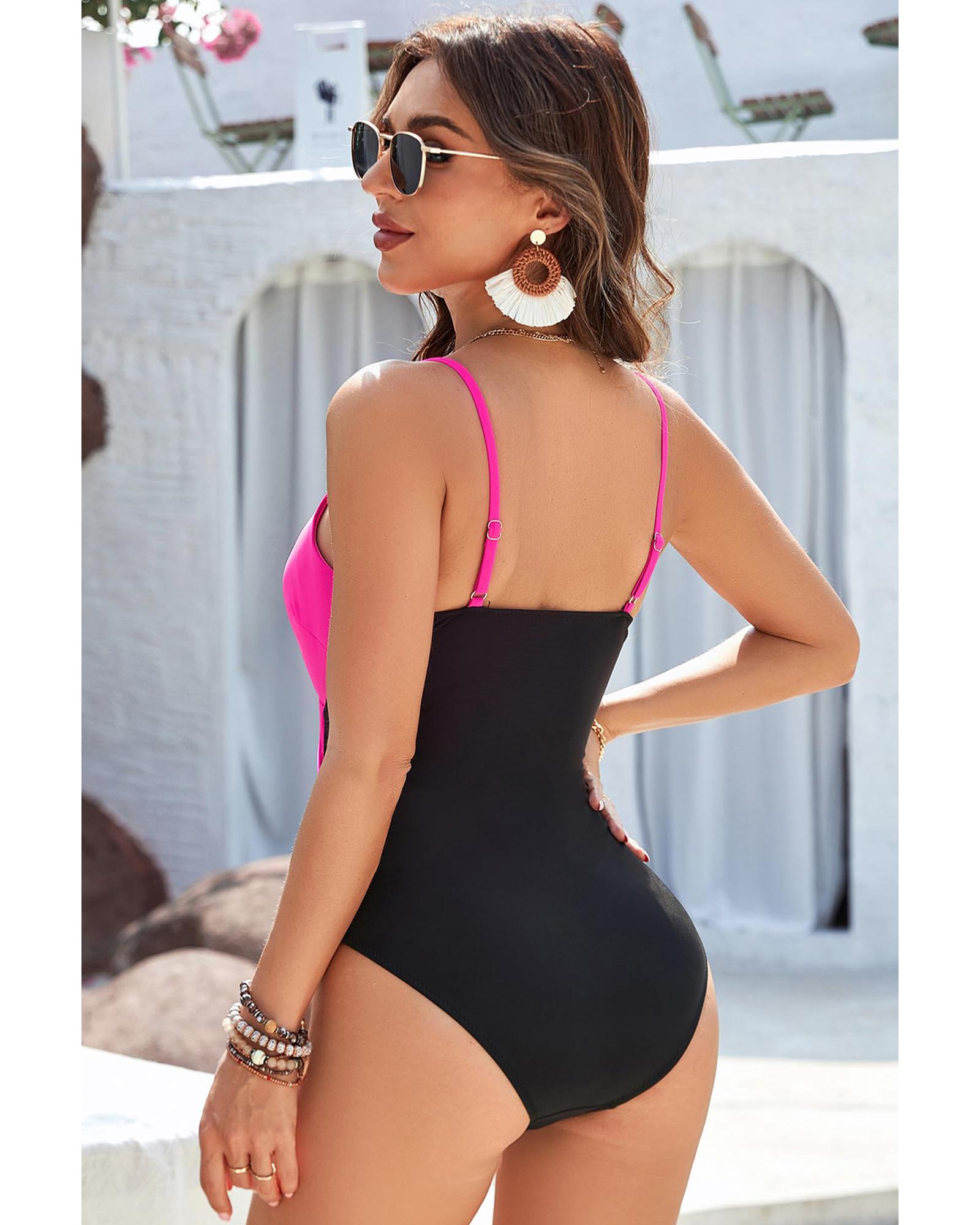 Rose Red Crossover Colorblock Cutout One Piece Swimsuit - 2XL