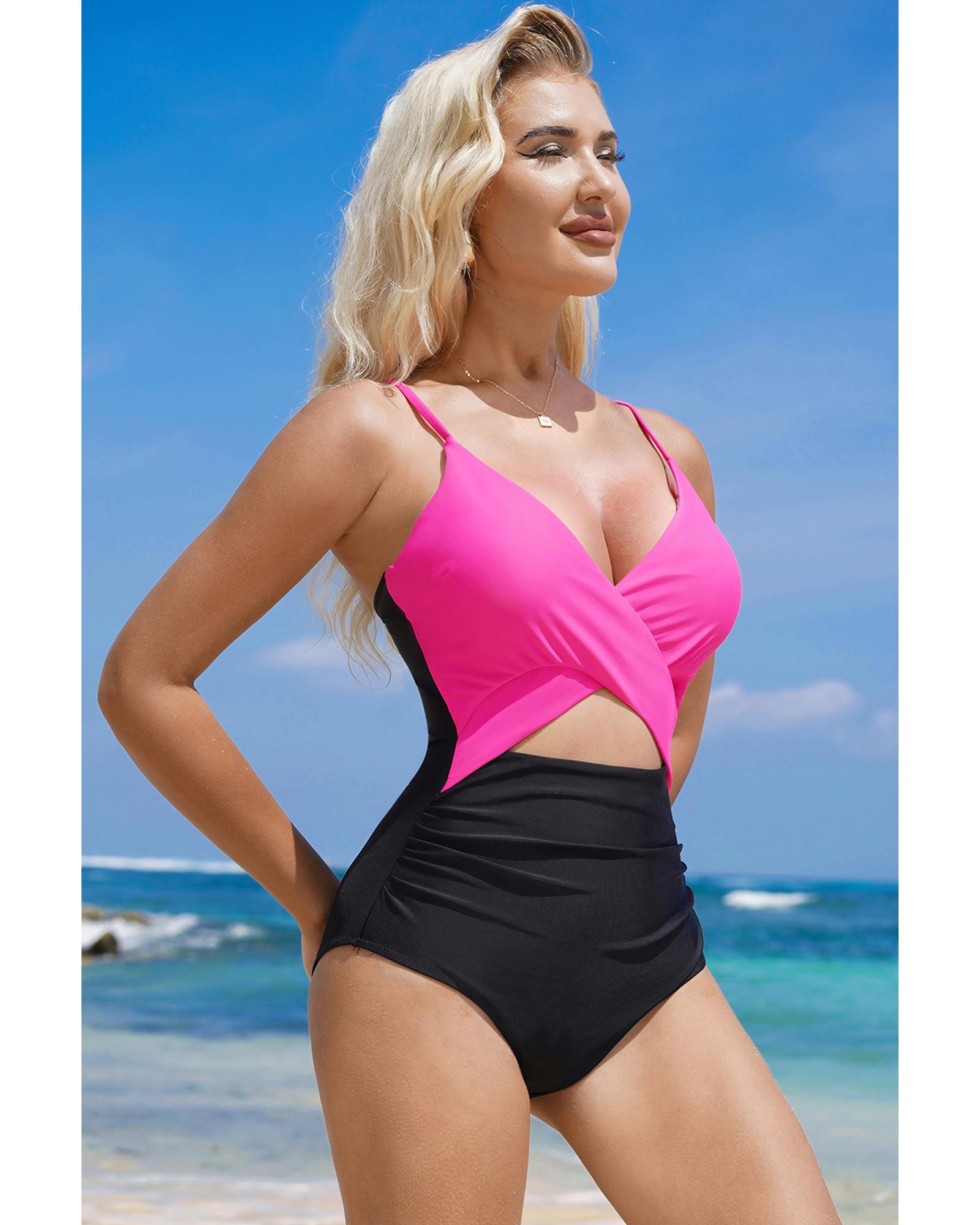Rose Red Crossover Colorblock Cutout One Piece Swimsuit - 2XL