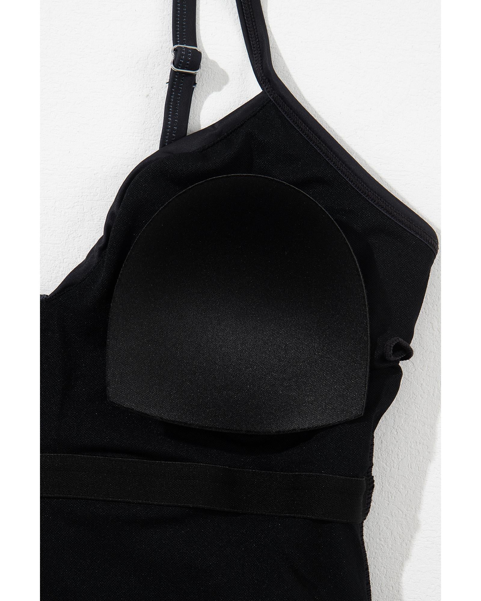 Black Petal Print Crisscross Back Spaghetti Straps Swimsuit - S