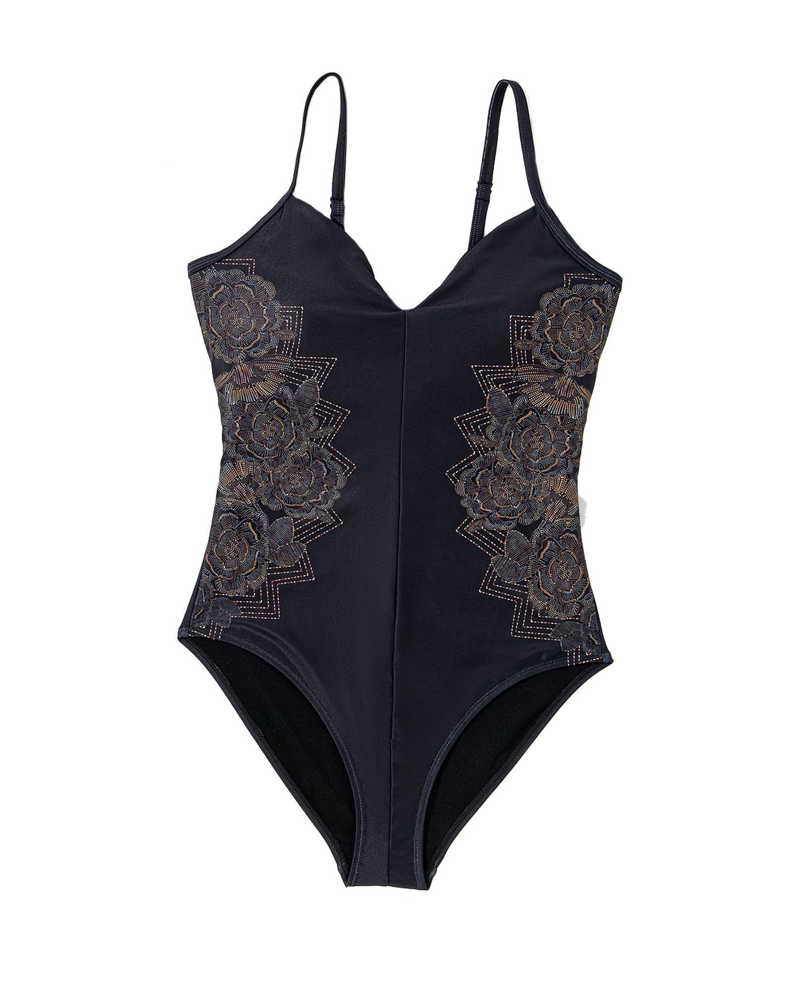 Black Petal Print Crisscross Back Spaghetti Straps Swimsuit - S