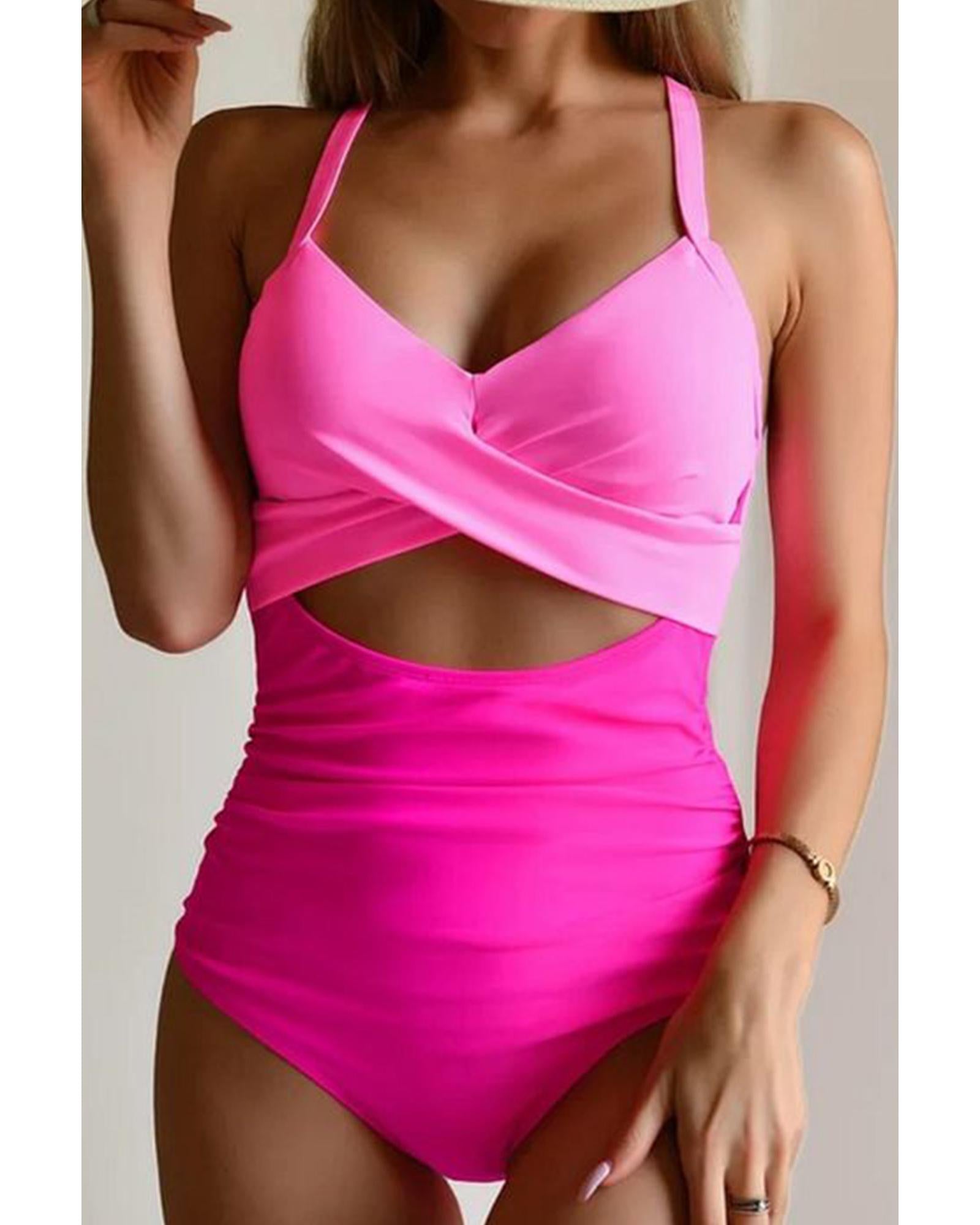Pink 2-tone Crossed Cutout Backless Monokini - S