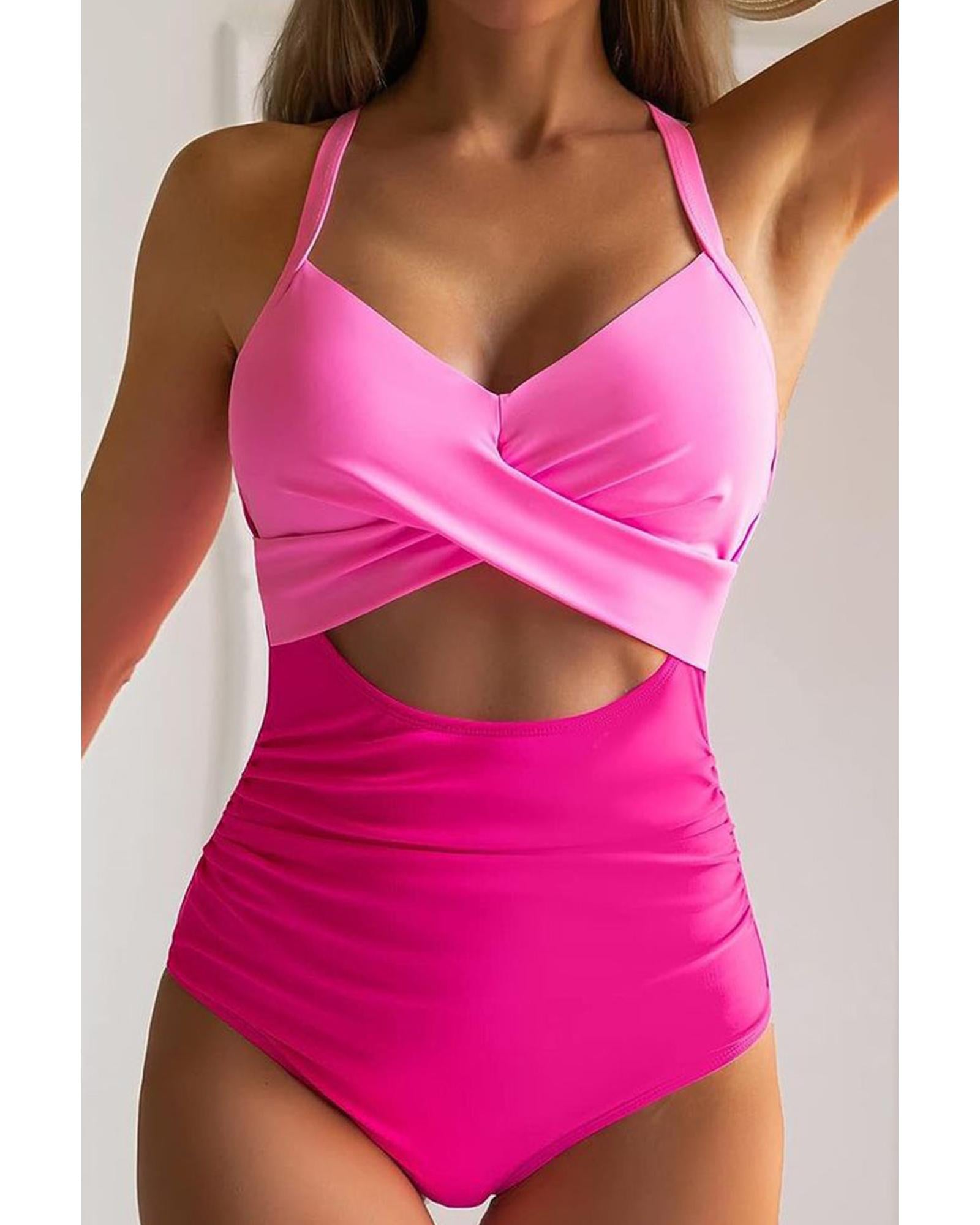 Pink 2-tone Crossed Cutout Backless Monokini - S