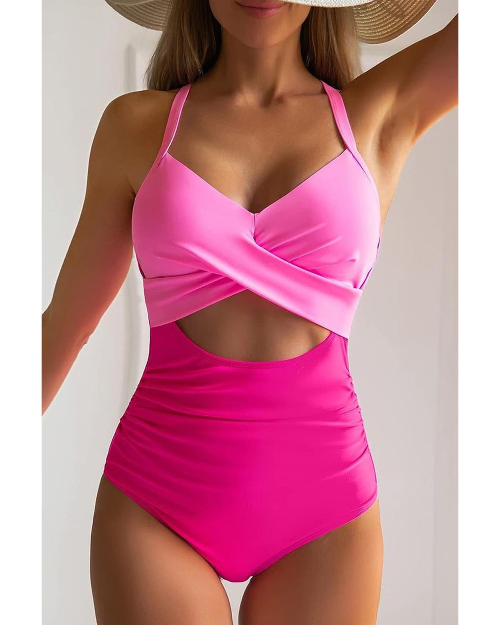 Pink 2-tone Crossed Cutout Backless Monokini - S