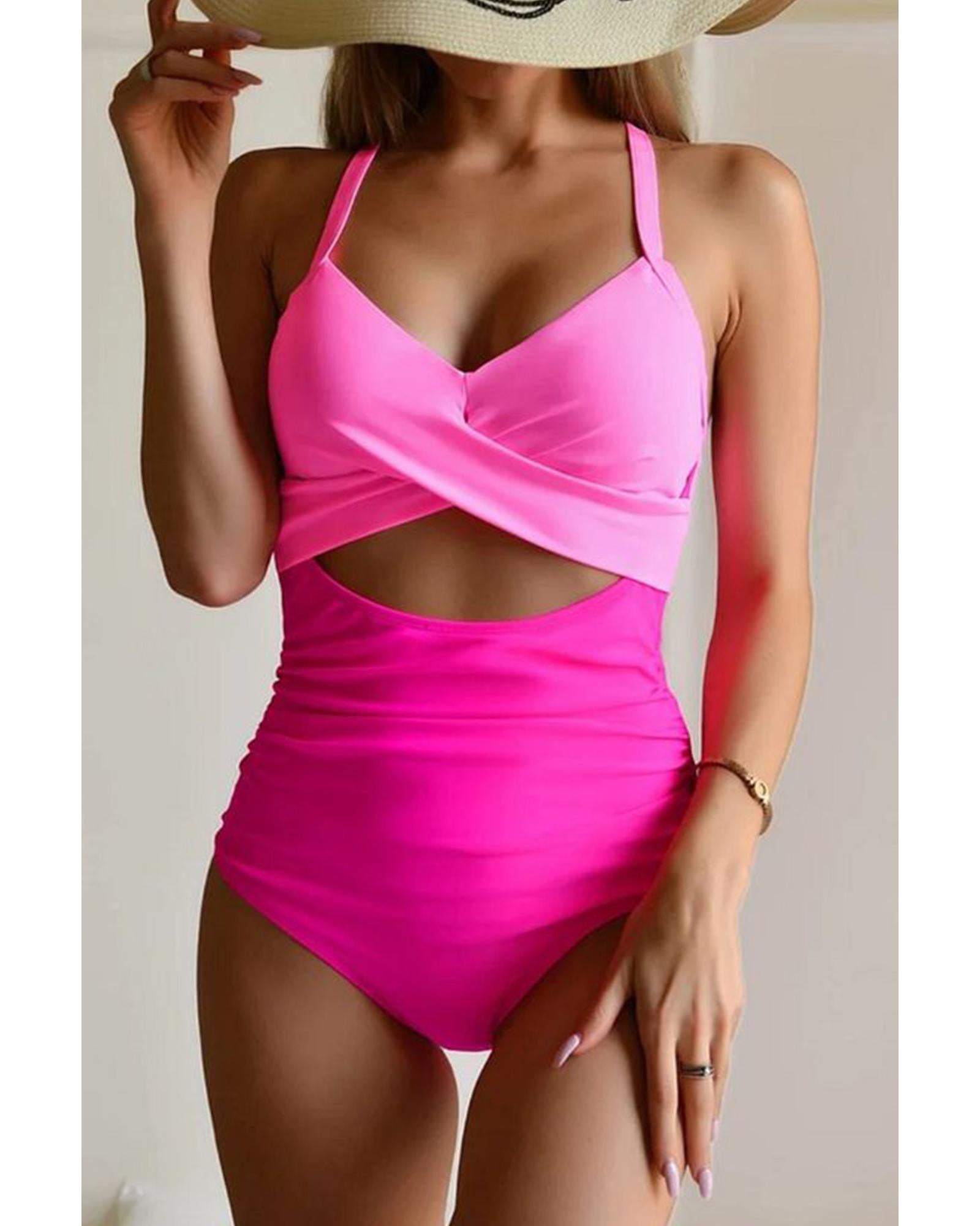 Pink 2-tone Crossed Cutout Backless Monokini - S