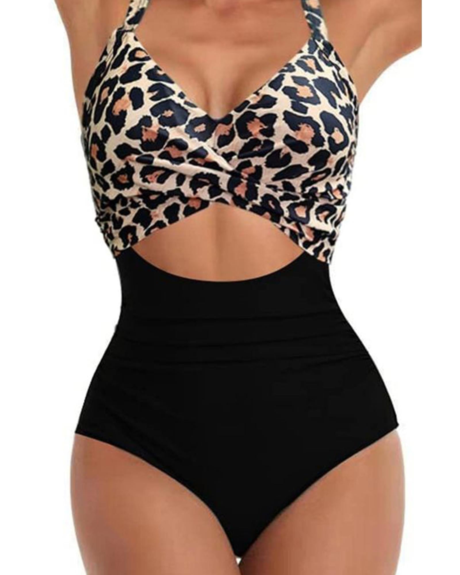 Black Leopard 2-tone Crossed Cutout Backless Monokini - S