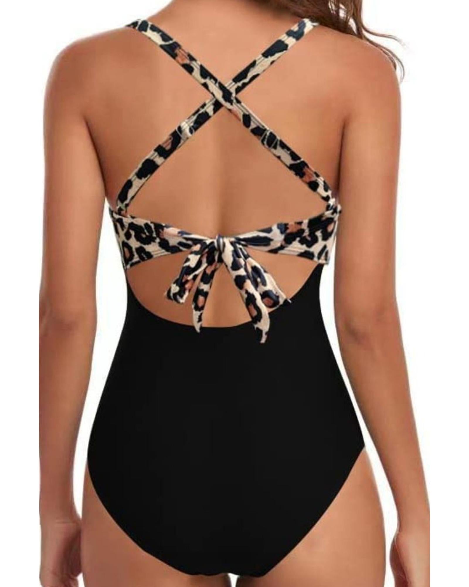 Black Leopard 2-tone Crossed Cutout Backless Monokini - S
