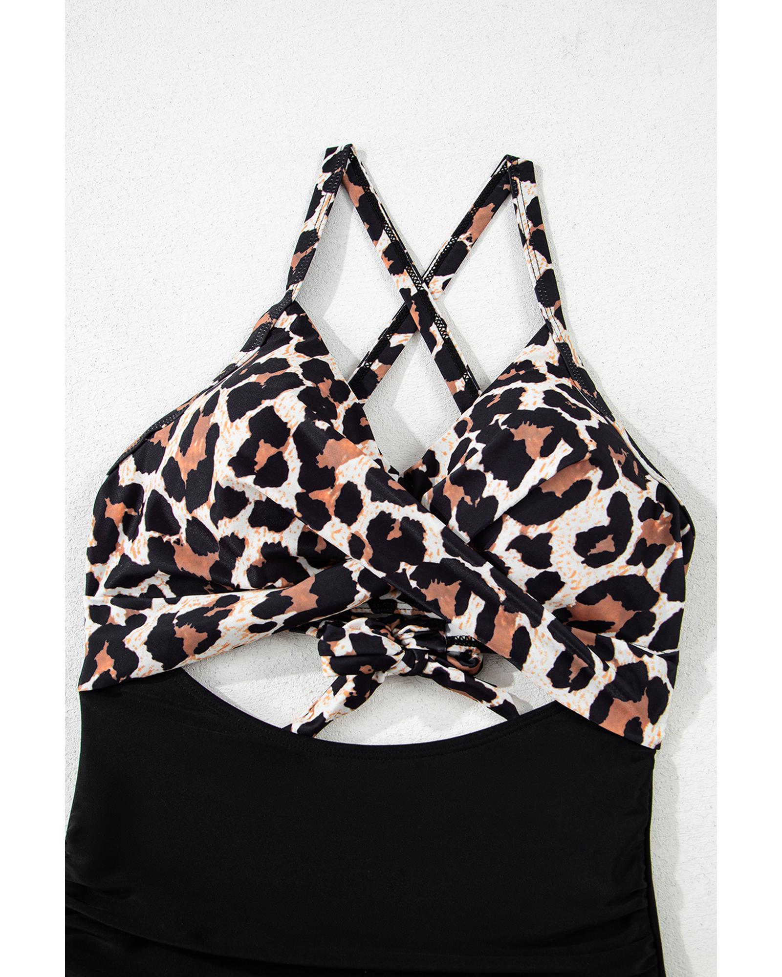 Black Leopard 2-tone Crossed Cutout Backless Monokini - S