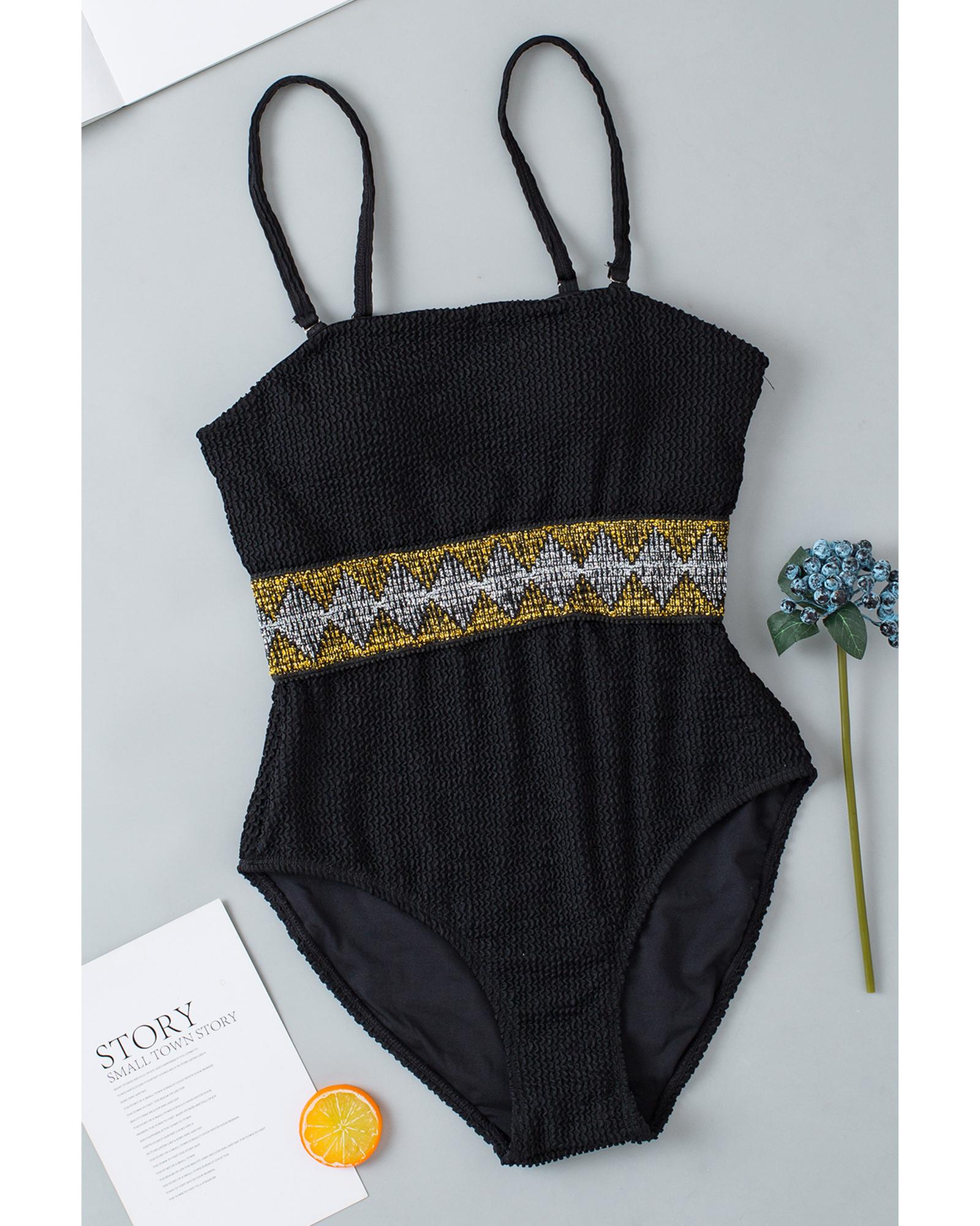 Black Geometric Trim High Waist Strapless One Piece Swimsuit - S