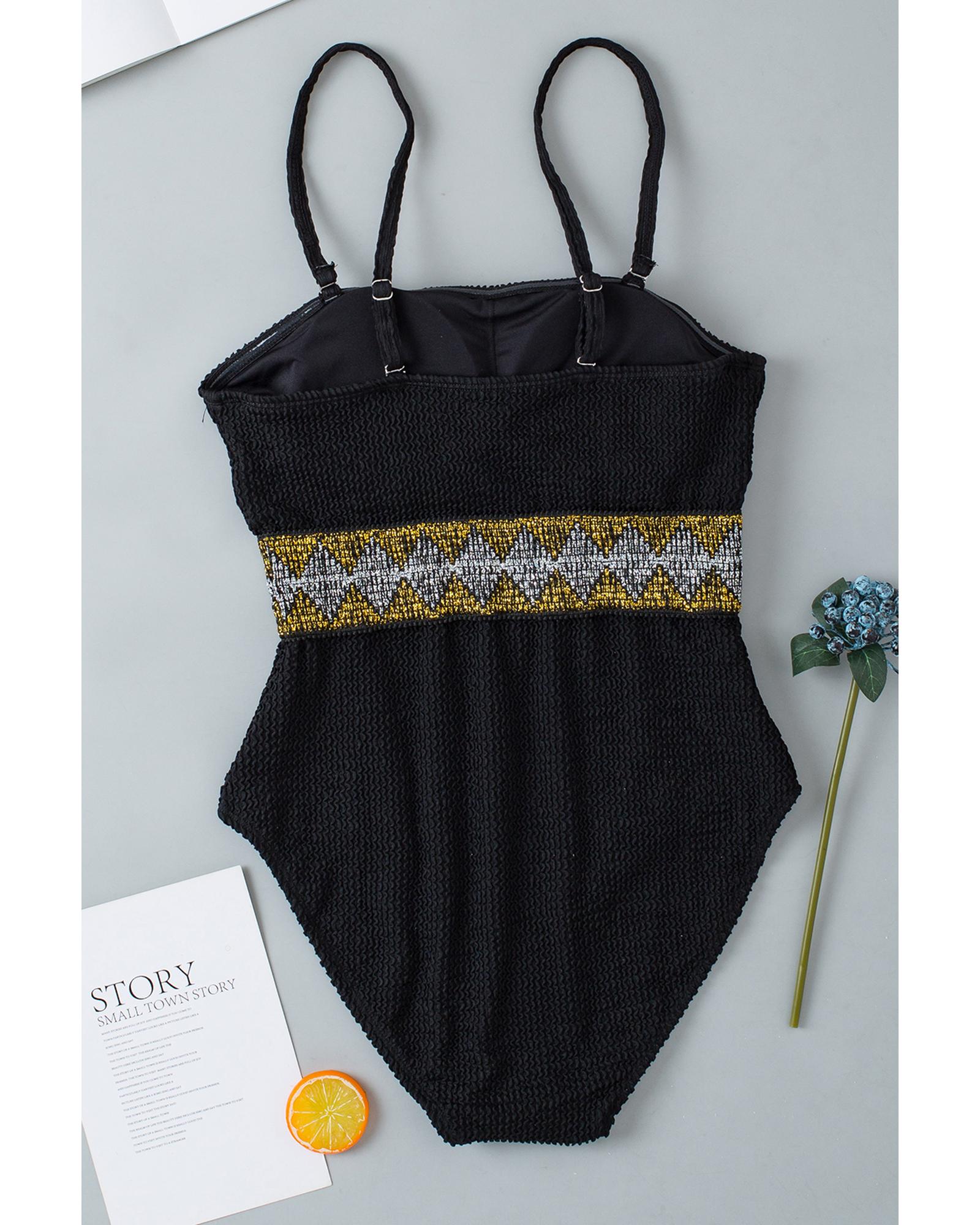 Black Geometric Trim High Waist Strapless One Piece Swimsuit - S