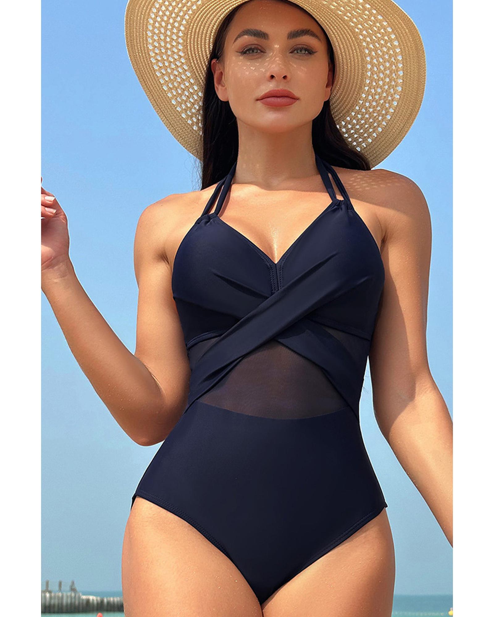 Navy Blue Halter Mesh Insert Cross Front One-Piece Swimsuit - S