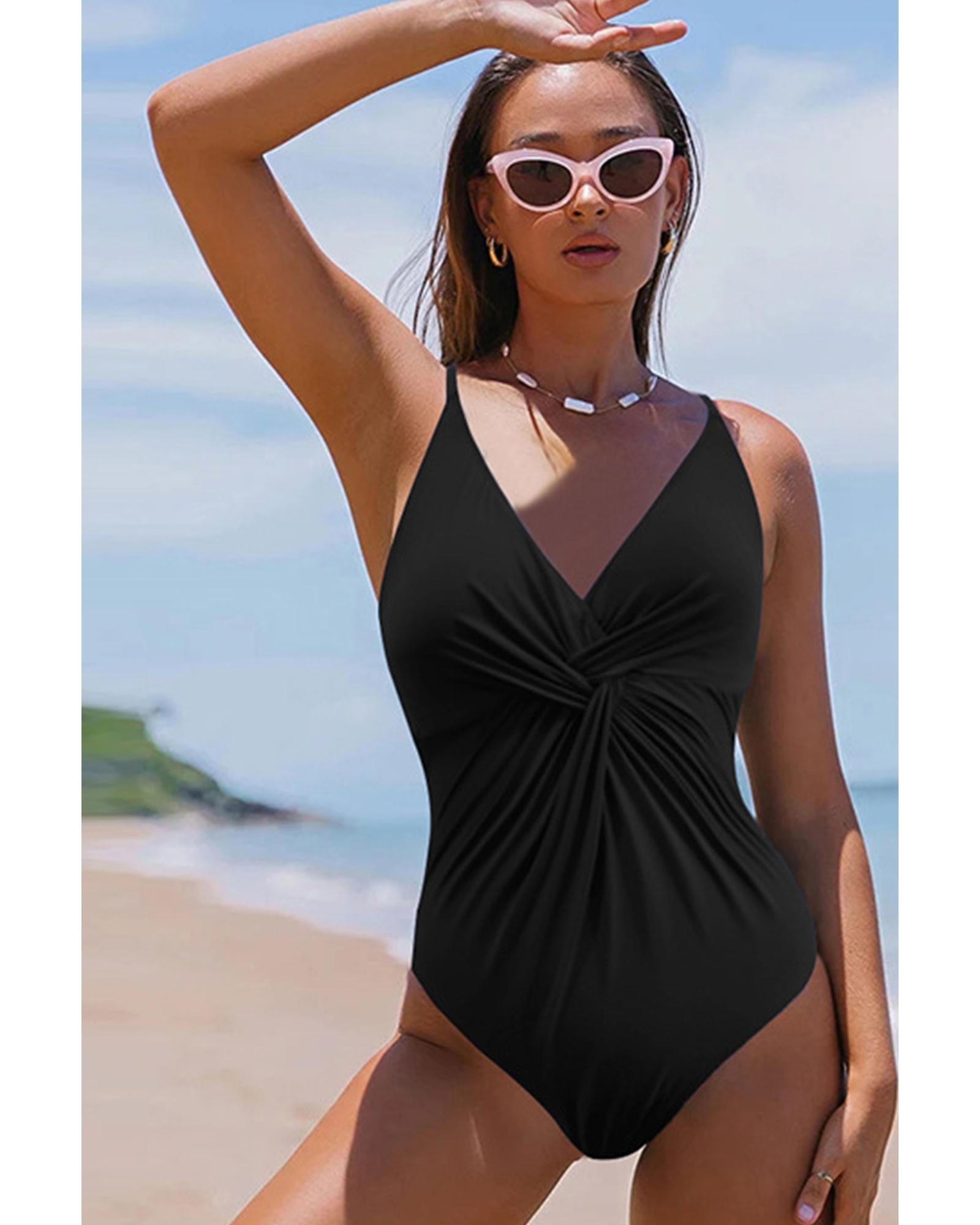 Black V Neck Twist Ruched Crisscross Backless One-Piece Swimsuit - M