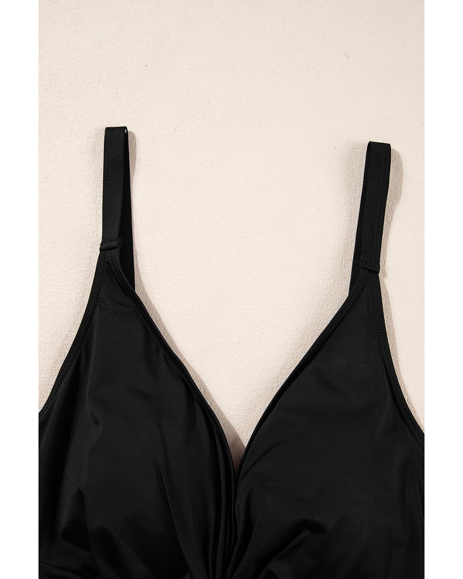 Black V Neck Twist Ruched Crisscross Backless One-Piece Swimsuit - M