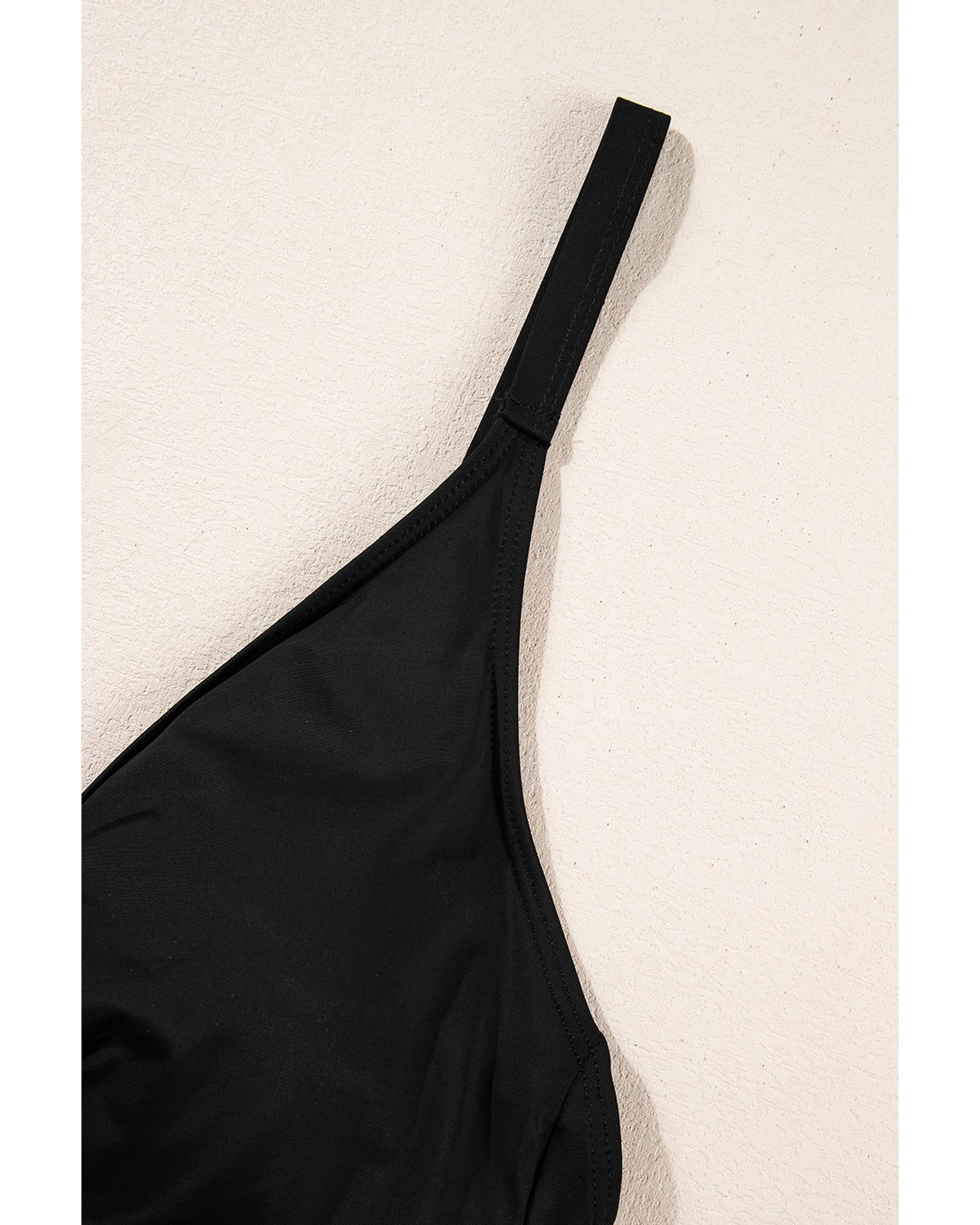Black V Neck Twist Ruched Crisscross Backless One-Piece Swimsuit - M