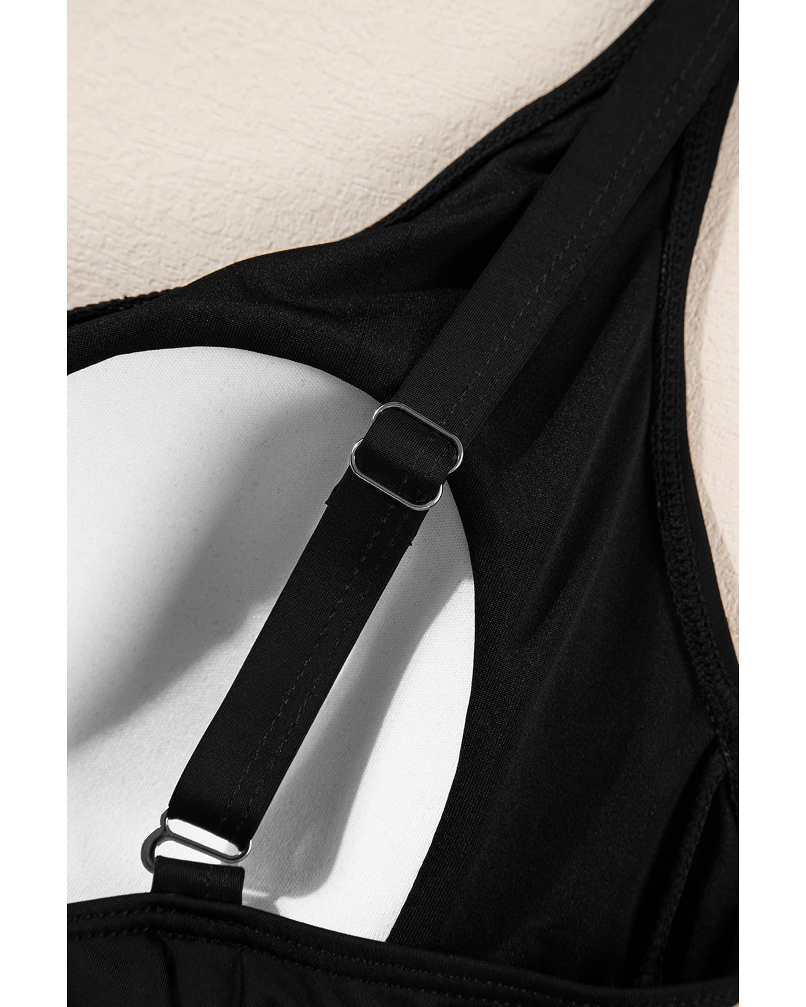 Black V Neck Twist Ruched Crisscross Backless One-Piece Swimsuit - M
