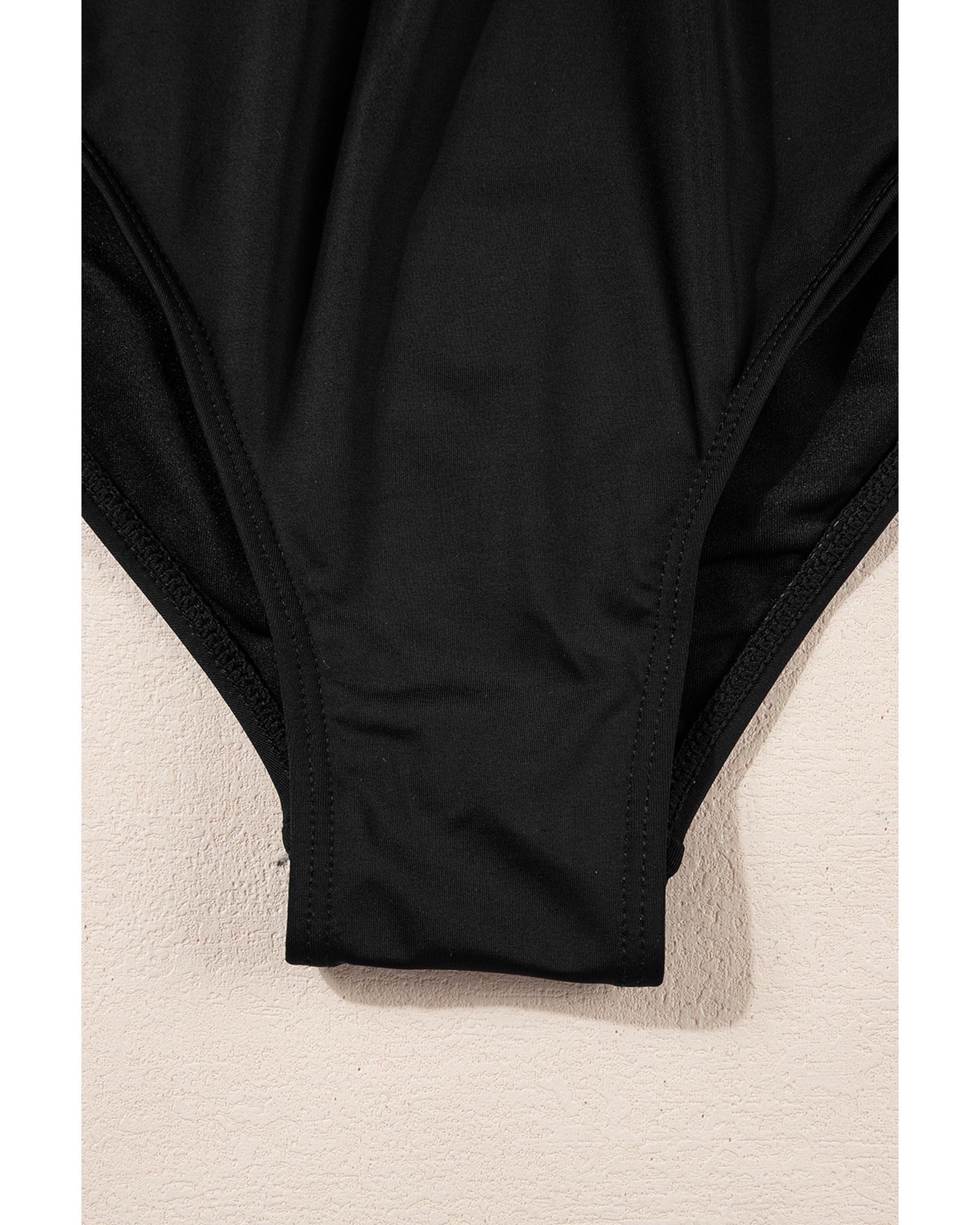 Black V Neck Twist Ruched Crisscross Backless One-Piece Swimsuit - M