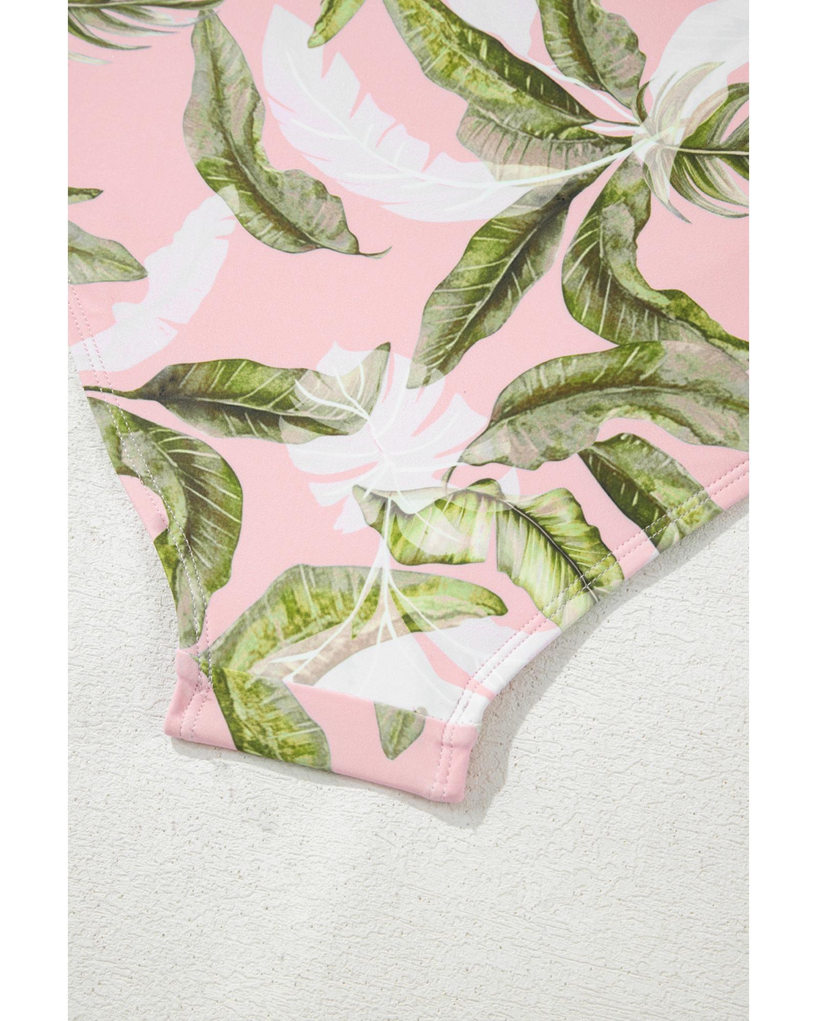 Pink Tropical Asymmetric Cut out Halter Backless One Piece Swimwear - XL