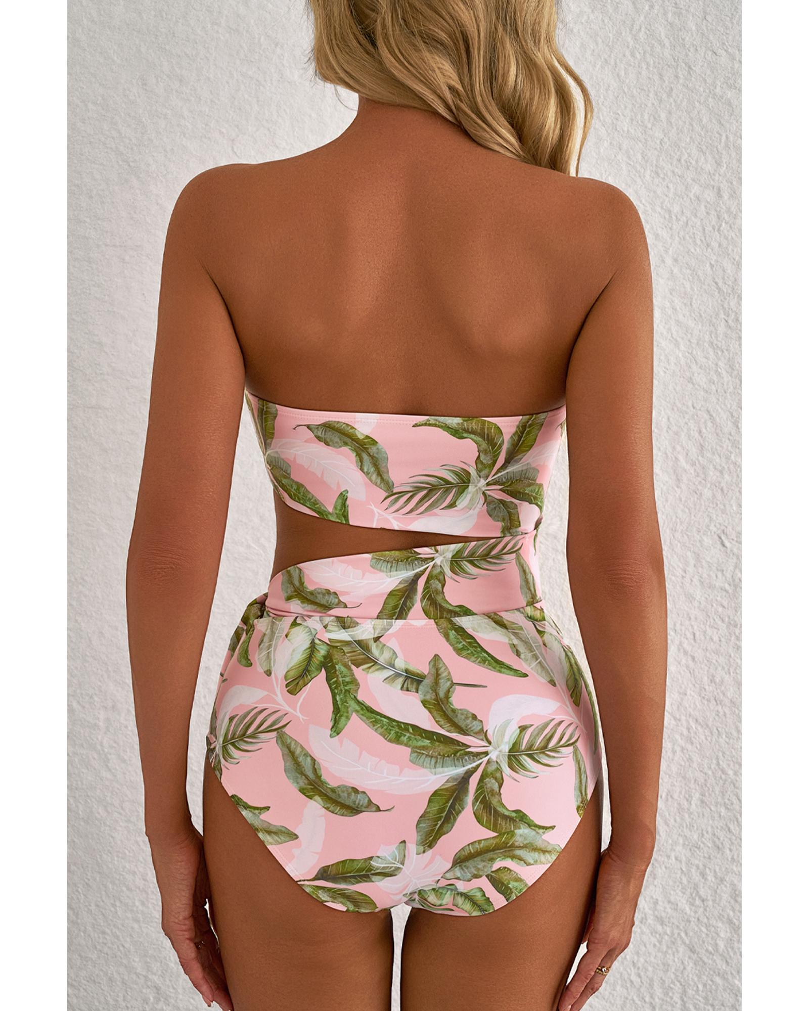Pink Tropical Asymmetric Cut out Halter Backless One Piece Swimwear - XL