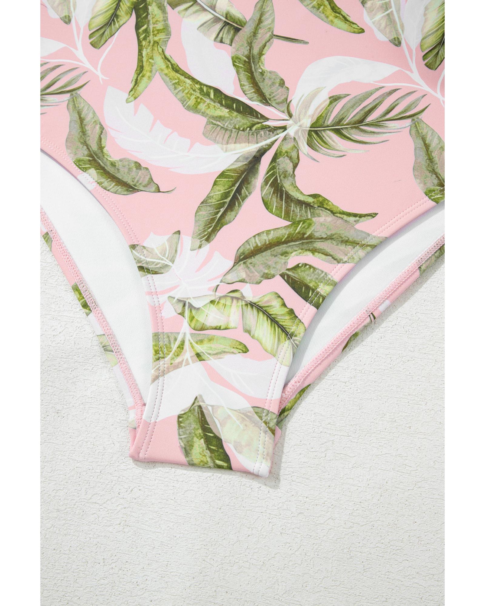Pink Tropical Asymmetric Cut out Halter Backless One Piece Swimwear - XL