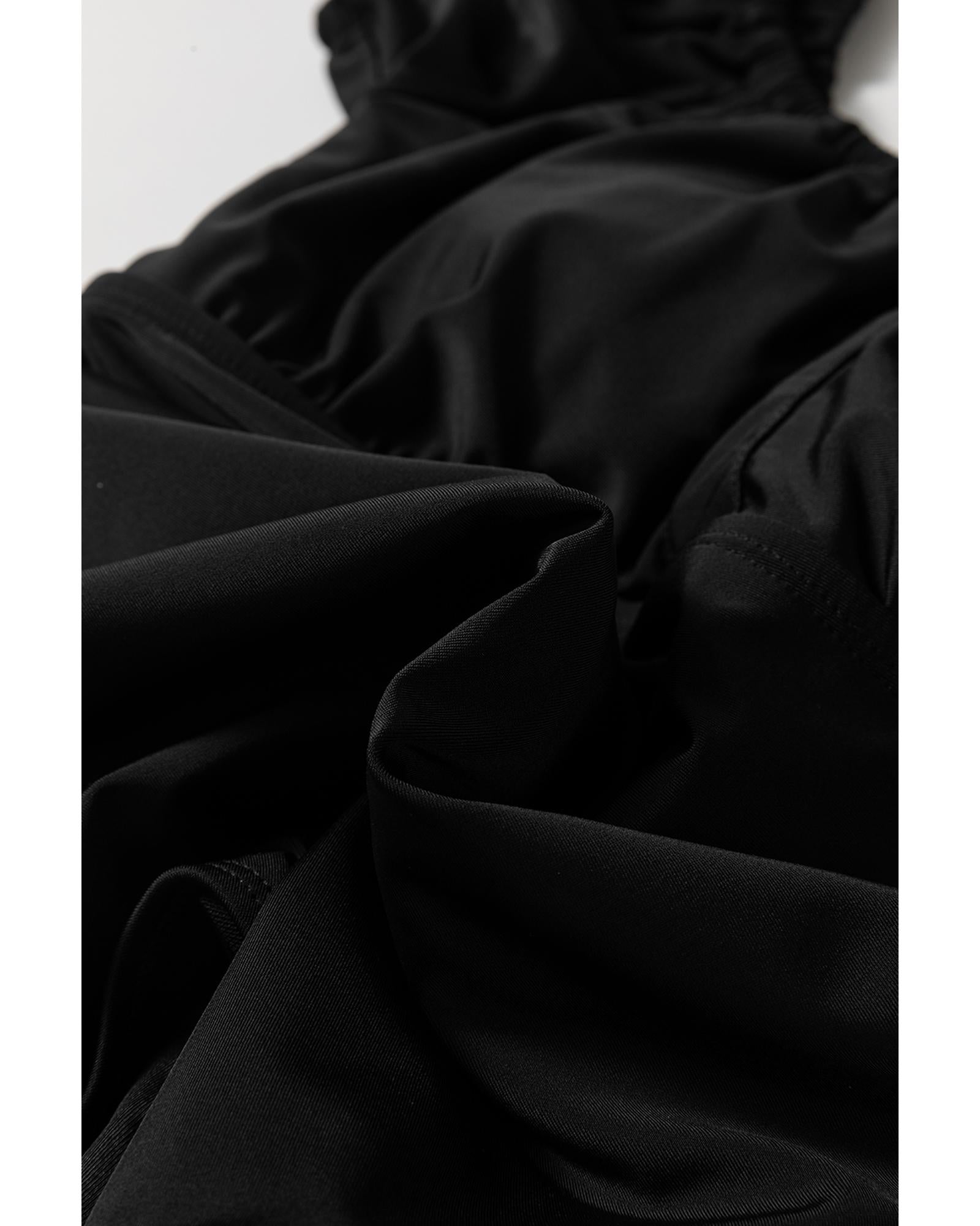 Black Elastic Neckline Short Sleeve One Piece Swimsuit - L