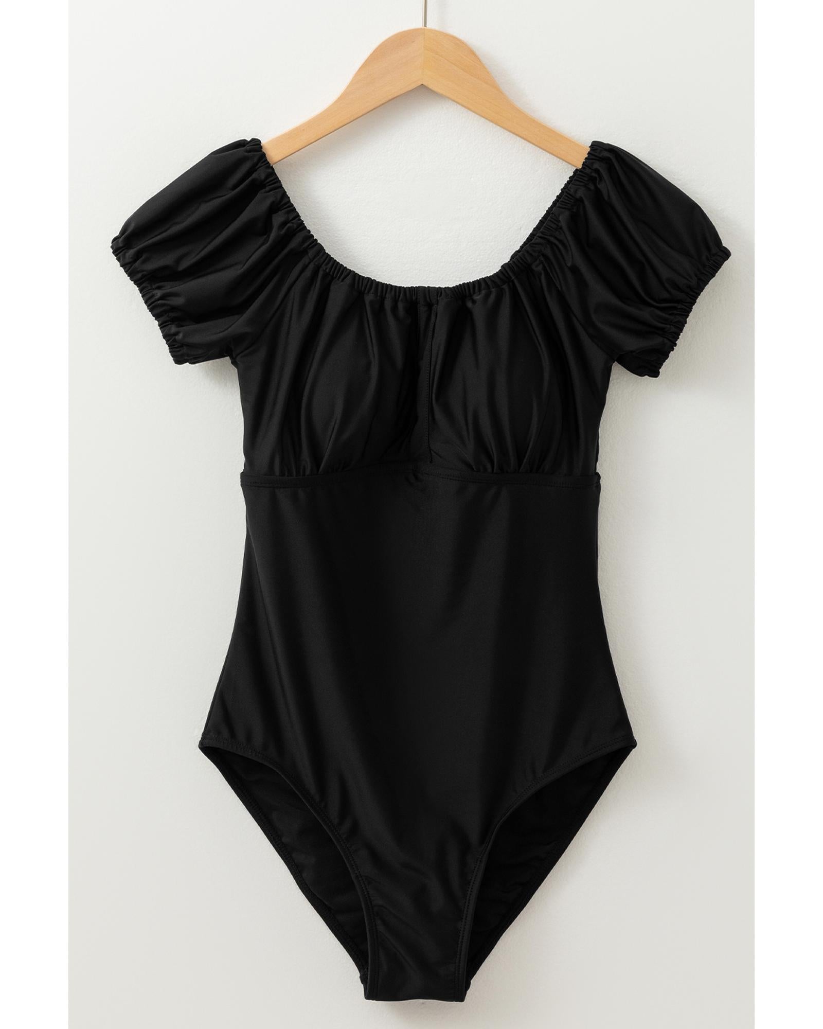 Black Elastic Neckline Short Sleeve One Piece Swimsuit - S