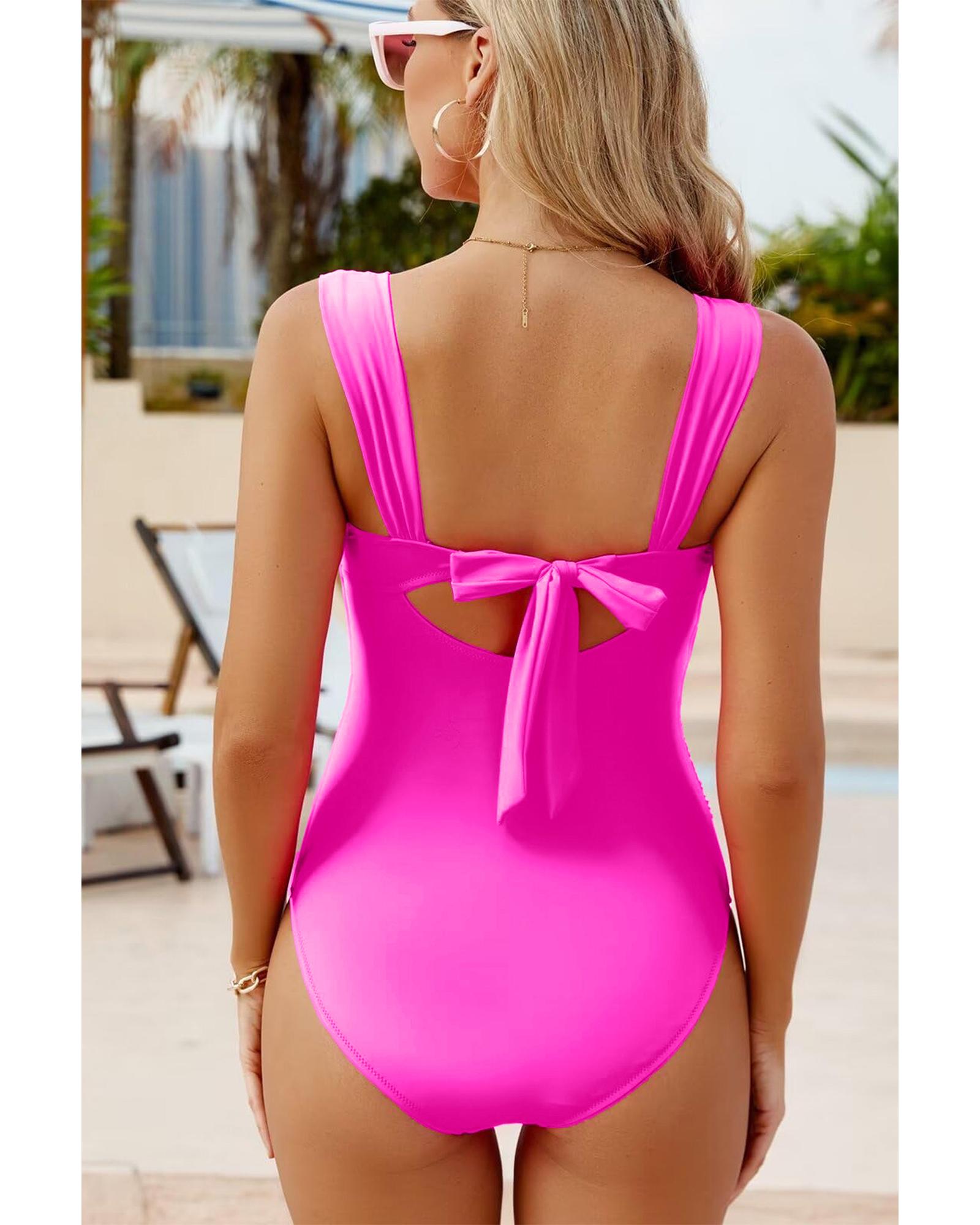 Bright Pink Cut out Twist Bowknot Backless One Piece Swimsuit - S