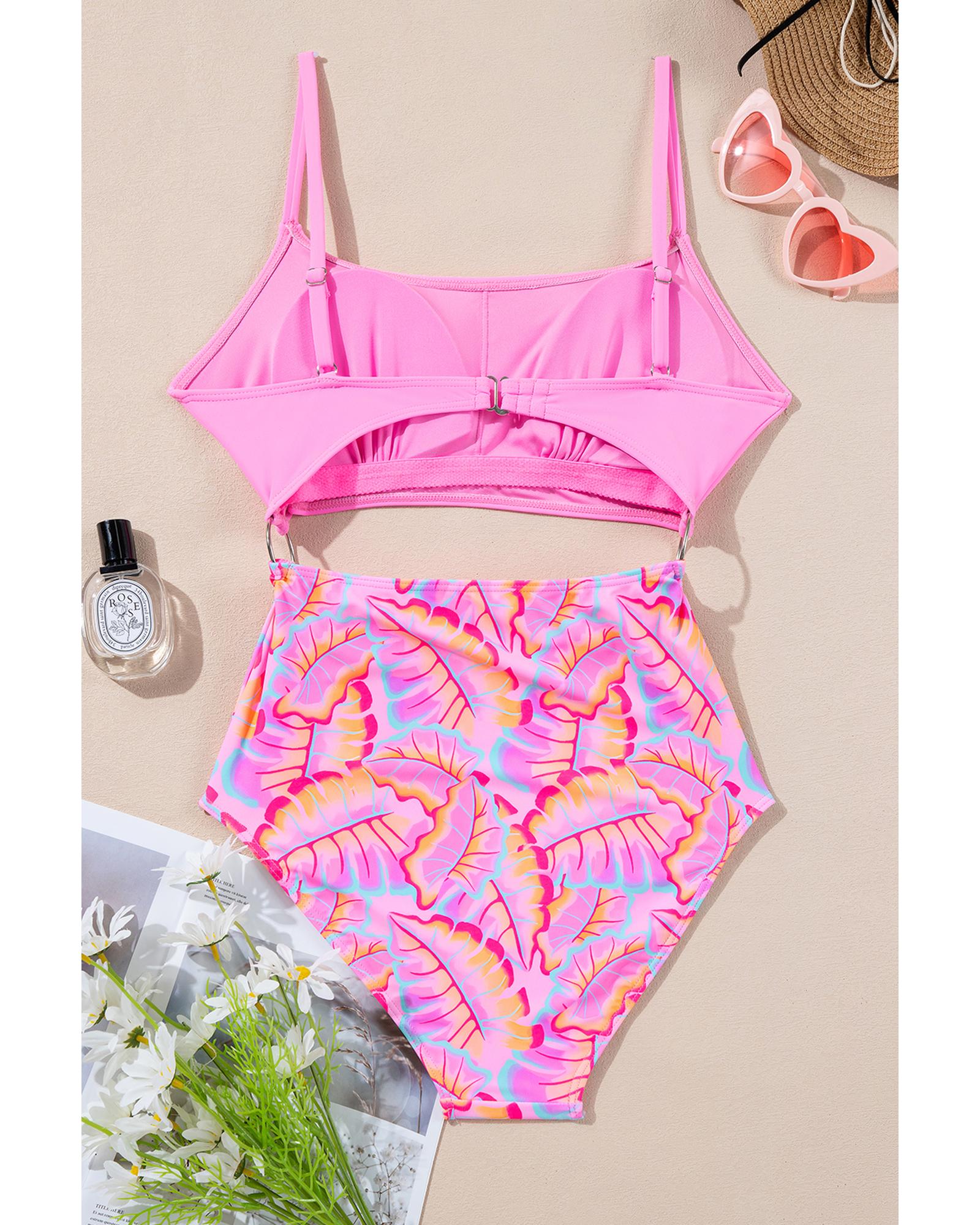 Rose O-ring Joint Leafy Print High Waist Monokini - L