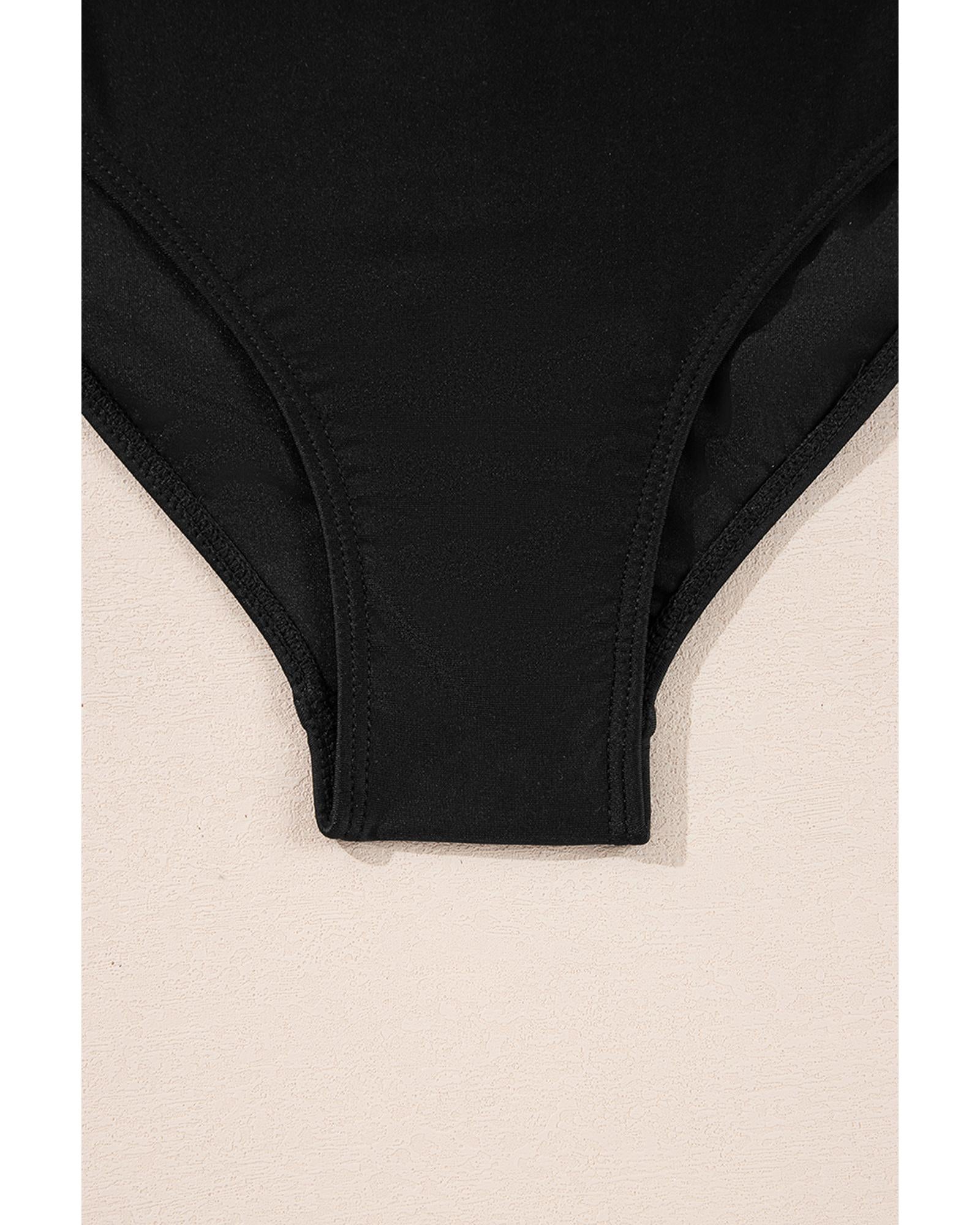 Black Beaded Spaghetti Straps Ruched Overlapped Colorblock One Piece Swimsuit - L