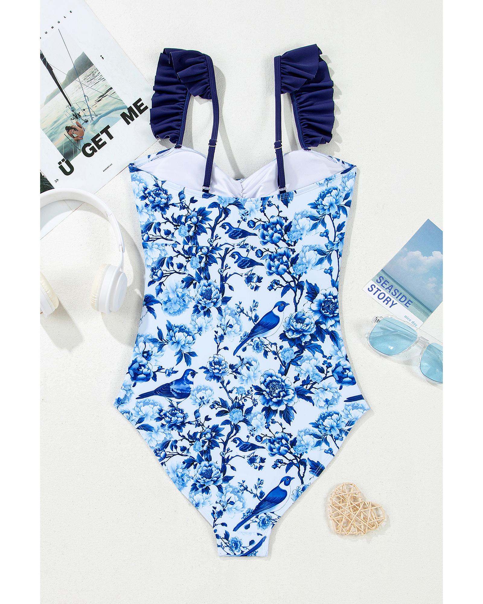 Blue Cutout Ruffled Spaghetti Strap One-Piece Swimwear - S