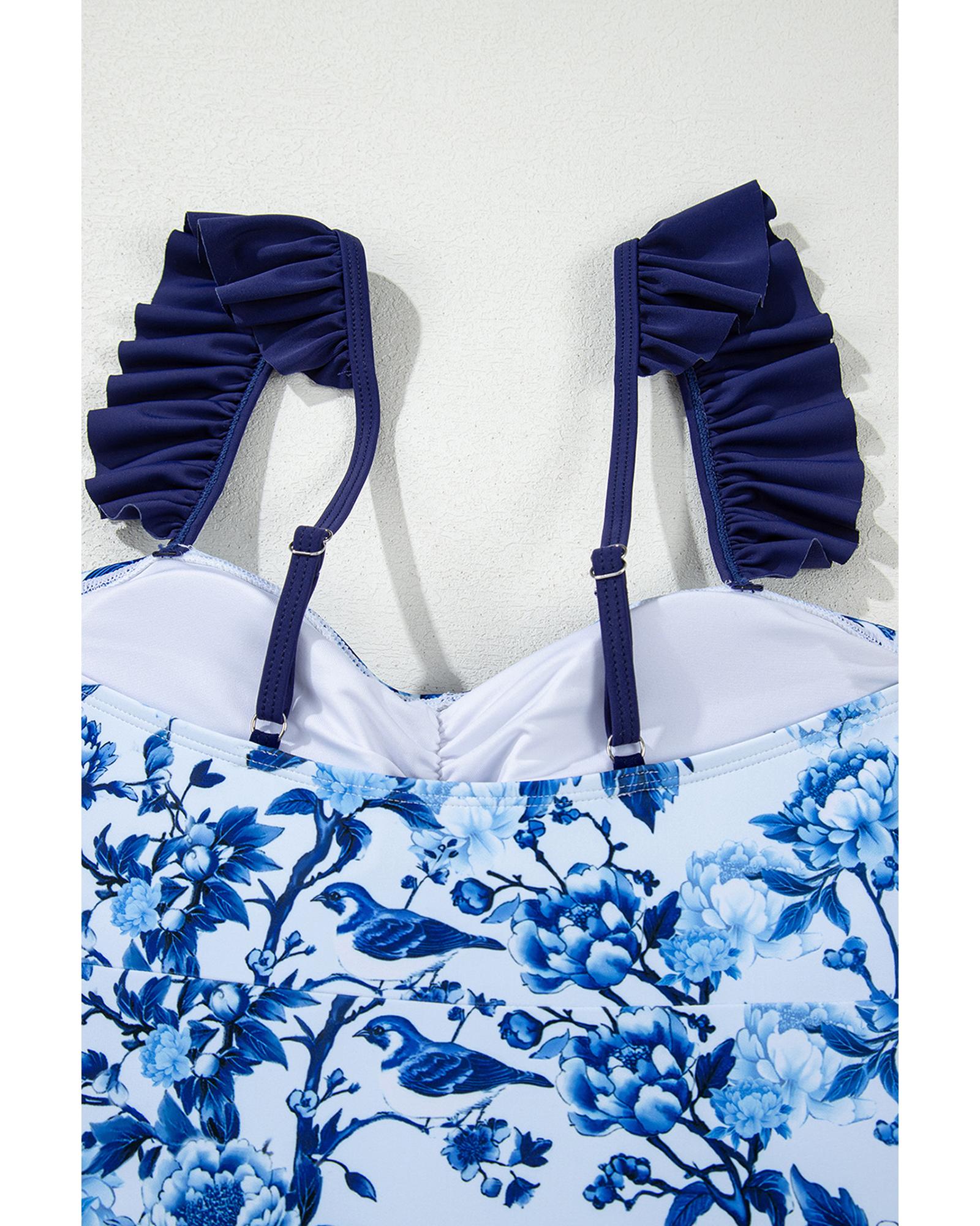 Blue Cutout Ruffled Spaghetti Strap One-Piece Swimwear - XL