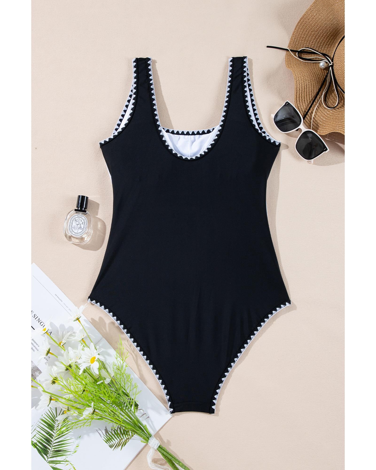 Black Color Block Ric Rac Trim U Neck One Piece Swimsuit - S