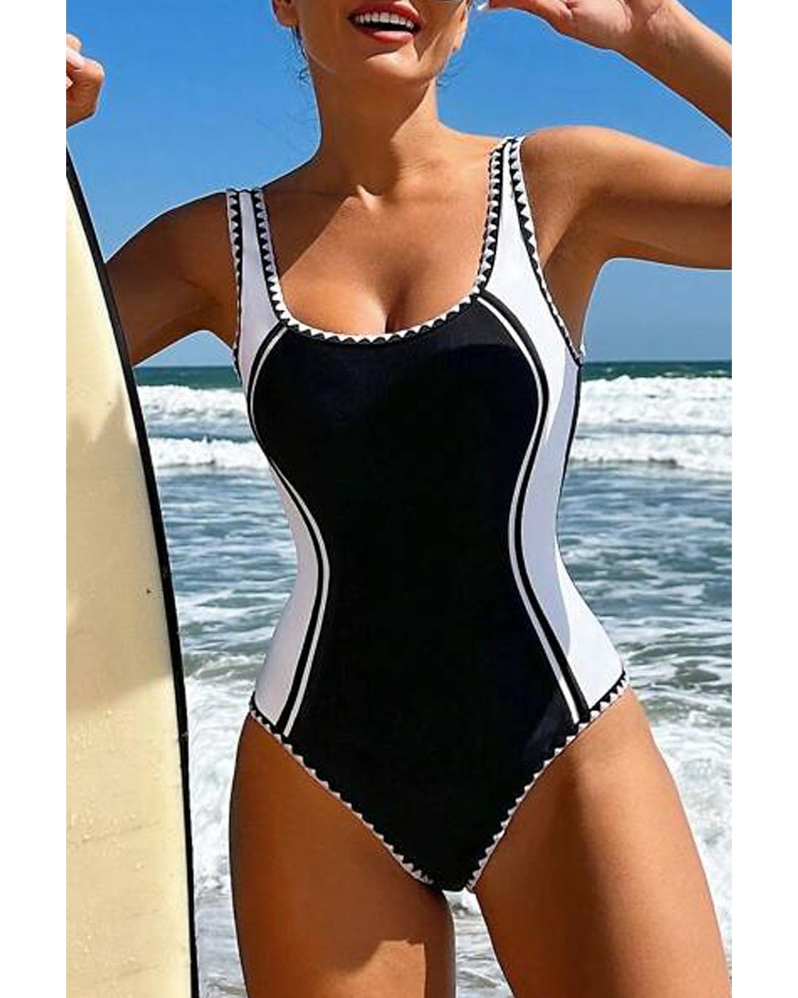 Black Color Block Ric Rac Trim U Neck One Piece Swimsuit - S