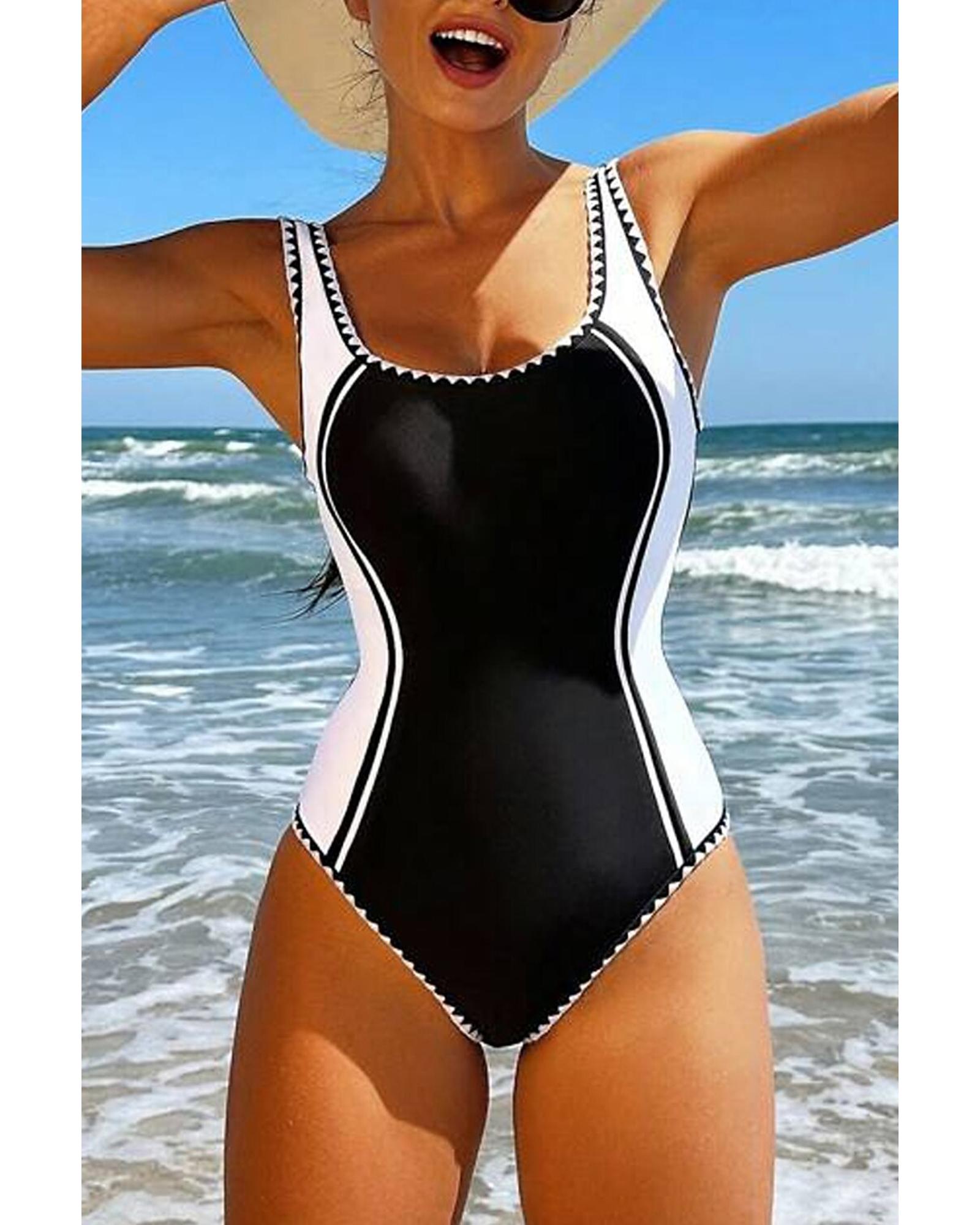 Black Color Block Ric Rac Trim U Neck One Piece Swimsuit - S