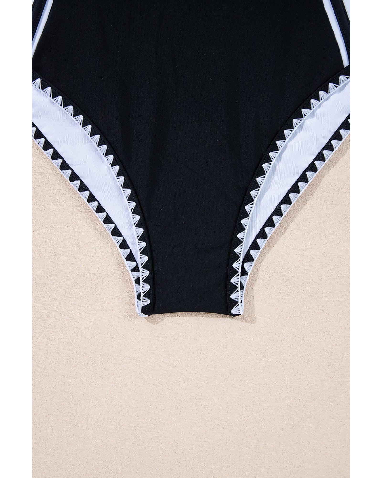 Black Color Block Ric Rac Trim U Neck One Piece Swimsuit - S