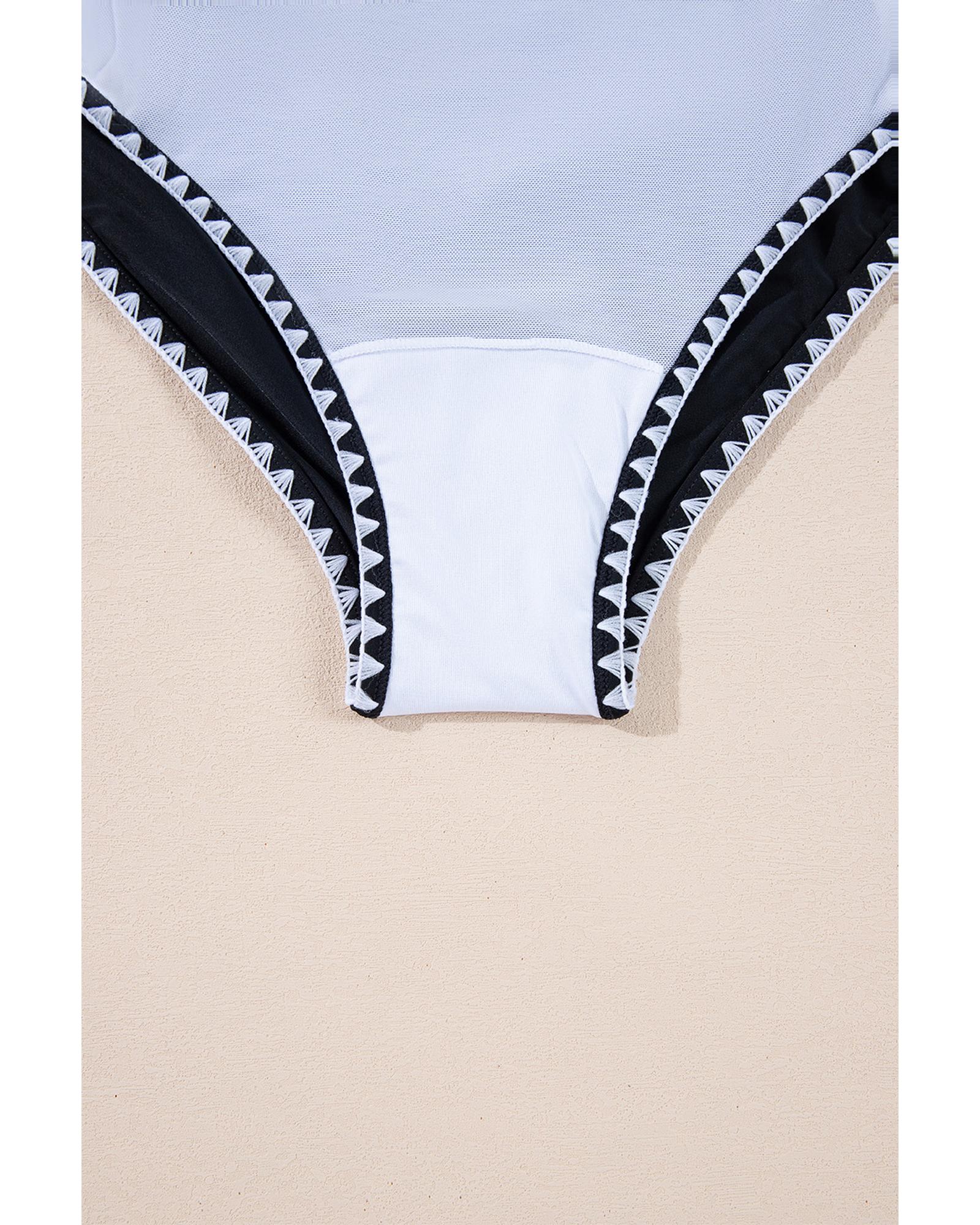 Black Color Block Ric Rac Trim U Neck One Piece Swimsuit - S