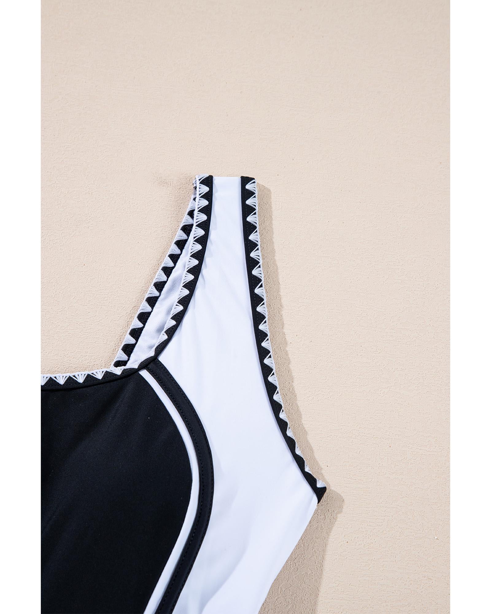 Black Color Block Ric Rac Trim U Neck One Piece Swimsuit - S